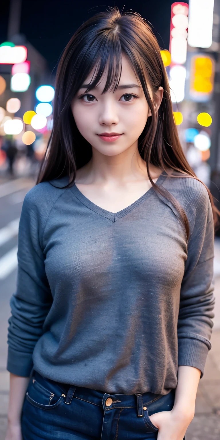 1 Girl, Tokyo Street,night, Streetscape,City lights,Upper Body,close,smile,, (8K, Raw photo, highest quality, masterpiece:1.2),(Realistic, photo-Realistic:1.37),