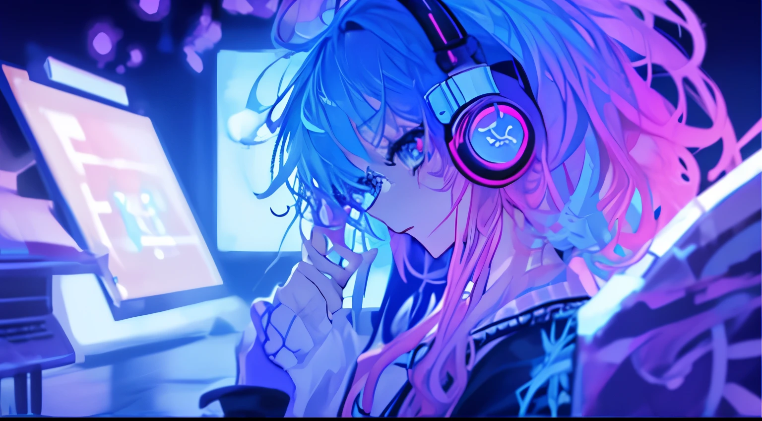 (masterpiece、top-quality、top-quality、watercolor paiting(afro)、Official Art、Beautifully Aesthetic:1.2)、(1girl in:1.3)、(Fractal art:1.3)、The upper part of the body、from side、looking at a computer、patterns、(blue-colored hair、colourful hair、Half blue and half pink hair:1.2)、Eau、colourfull、cyber punk、Operating a computer while listening to music with headphones on.