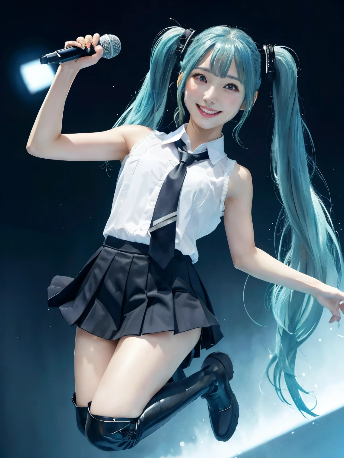 8k, RAW photo, best quality, masterpiece, realistic, photo-realistic, clear, professional lighting, beautiful face, best quality, ultra high res, break, Cute pose, best quality, masterpiece, ultra high res, (photorealistic:1.4), break,
japanese female, break,
(from below:1.5), (jumping:1.75), (((singing with a microphone))), mouth open and singing, break,
from front, (looking at viewer:1.5), (Warm Smile:1.5), break, (beautiful japanese idol), break,
miku hatsune, ahoge, aqua eyes, aqua hair, crossed bangs, hair between eyes, hair ornament, headphones, long hair, twintails, break,
aqua necktie, black footwear, black skirt, black sleeves, boots, collared shirt, detached sleeves, grey shirt, necktie, pleated skirt, shirt, skirt, sleeveless, sleeveless shirt, thigh boots, tie clip, break,
spotlighte, xtreamely detailed background, live stage, neon light,