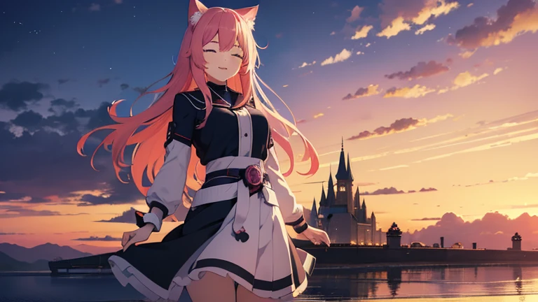 kawai anime girl looking at the horizon with a castle floating in the distance and people in the distance with powers,
pink hair, happy, cat ears and panorama mode image that shows the landscape and that the girl does not look at the camera and that her entire body is seen, with a smile on her face, closing her eyes, with a katana hanging on her anime waist, anime, anime!!! 4k that same image but after a nuclear detonation
