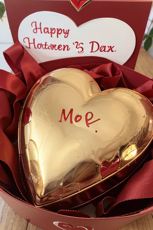 2 heart shaped gift box , 1 big heart at the back, 1 small heart at the front, red color, written HAPPY MOTHER'S DAY in gold. 