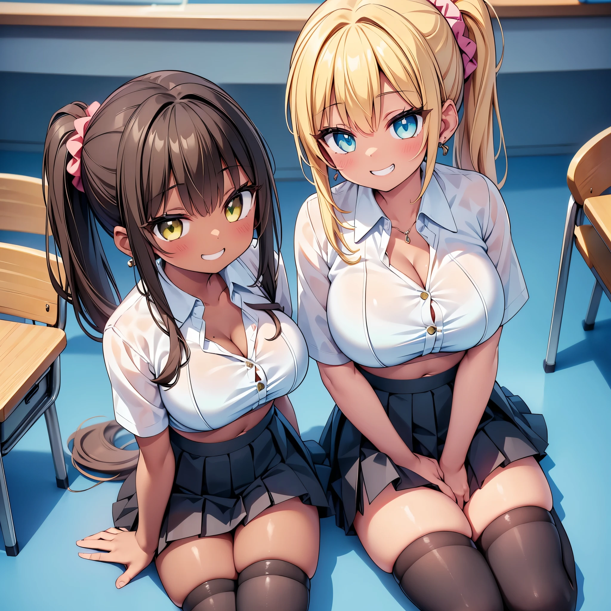 (cute eyes:1.2), (sparkling eyes:1.2), (8K、Best image quality、highest quality、masterpiece)、Detailed face、(2 girls)、Improve、((Brown Skin:1.3))、blonde、Low Ponytail、Scrunchie、Yellow Eyes、Earrings、Wicked Smile、((Grin))、 (skinny body:1.4), (huge breasts:1.1)、((White collared shirt))、(cleavage cutout:1.2), (crop top navel), Cleavage、((Black pleated skirt))、((mini skirt))、White socks、loafers、Sit on a chair、whole body、Taken from above、Classroom Background、 (black stockings:1.2), (Thighs), (Waistline),(from above:1.2)