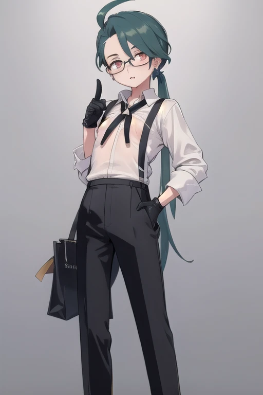 ((highest quality)), ((masterpiece)), (be familiar with),One girl,Chile,White Eyes,Earrings,Small breasts,Flat Chest,Black tie,shirt,White shirt,suspenders,Black gloves,Black trousers,shoes,good looking,Glasses,,{Erect nipples}