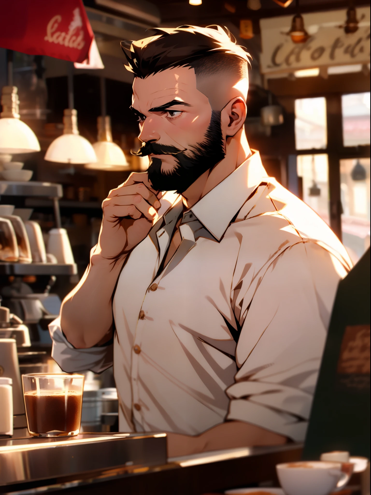 middle aged man, short hair, undercut, mustache, stubble facial hair, white shirt, detailed face, handsome face, early morning, coffee shop, depth of field, blurry background
