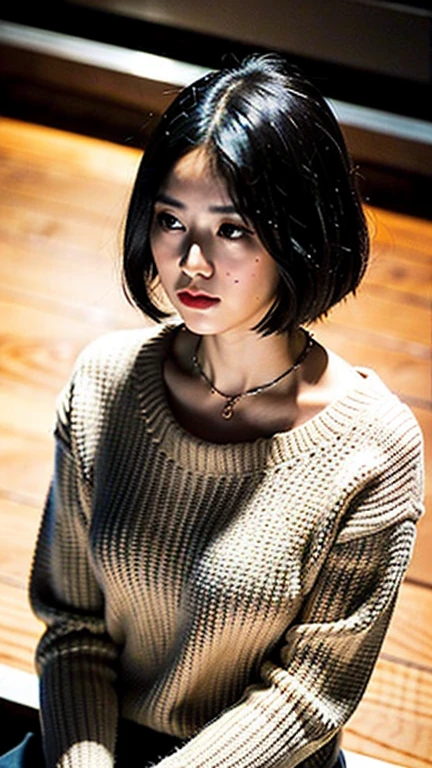 (highest quality, 8k, 32K, masterpiece, Hmm:1.2),Beautiful Japanese woman photo, Small breasts, nude,Very short bob hair,whole body,Face focus,Extra large_sweater, necklace, Simple Background, From above, Watching the audience,
