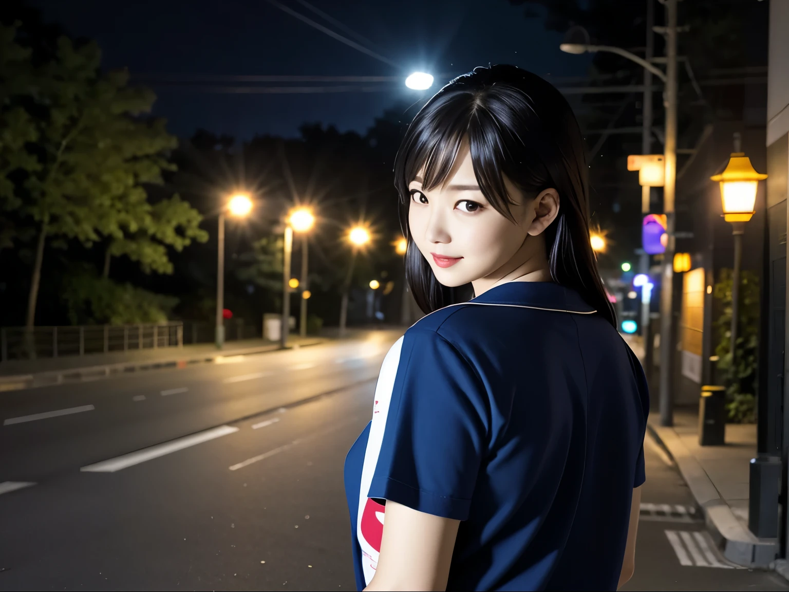 (8k, highest quality, masterpiece:1.2), (Realistic, photo-Realistic:1.37), Very detailed,highest quality, Ultra-high resolution, Professional Lighting, Photon Mapping, Radio City, Physically Based Rendering, Cinema Lighting,  Late night roads,Written boundary depth, Sharp focus,Street lamp light、Good composition,(Bokeh:1.2) 1 girl,alone,(whole body), (Mouth closed),Beautiful Eyes,Beautiful thighs、 stop temporarily, Tight waist,Japanese women, Black Hair,Messy Hair,Hair blowing in the wind,(Ulzzang-6500:1.2) Mix 4, 25-year-old female、A shy smile、Beautiful woman looking back、