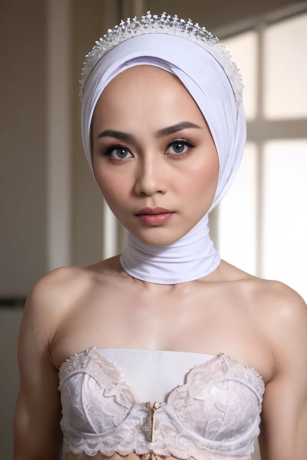 ((SHORT HIJAB)), ((Flat chest:1.7)), (dynamic photograph of a 58 year old Indonesian woman), (slim top, cotton panties), (straight non curly hair), (highly detailed face:1.4), (vascular muscles and abs:1.3), (background inside light, bright, private gym:1.1), (8k, uhd, dslr, high quality, cinematic lighting, bokeh), (dramatic, award winning photography, incredible masterpiece:1.3), (((sexy sultry stare at camera:0.8))), close up, ((she is ready to dominate you:0.5)), ((beautiful feminine face)) (she is a champion MMA fighter), add_detail:1, ((Wearing strapless pastel)) lace white & white , from behind view, seductive pose 