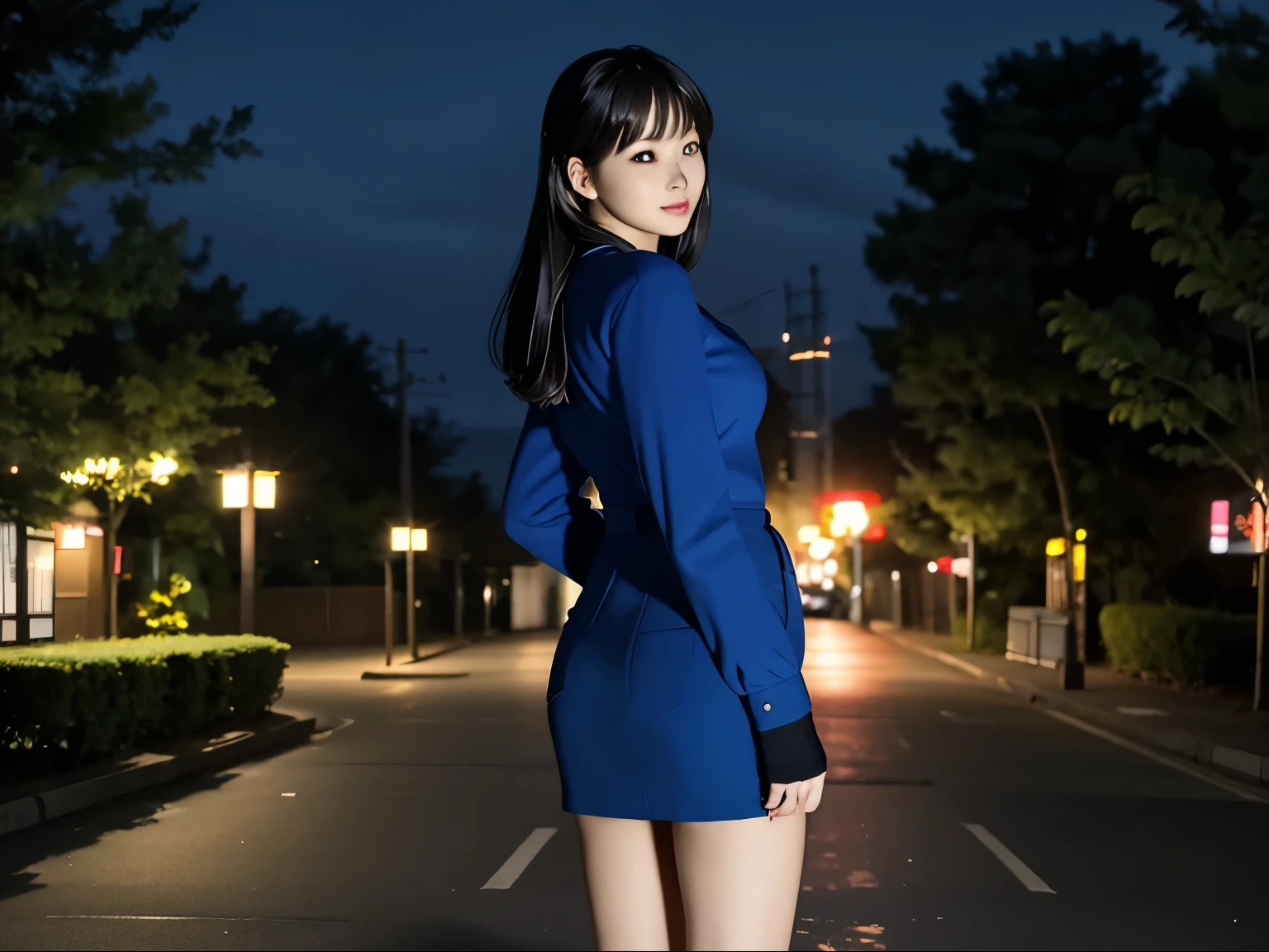 (8k, highest quality, masterpiece:1.2), (Realistic, photo-Realistic:1.37), Very detailed,highest quality, Ultra-high resolution, Professional Lighting, Photon Mapping, Radio City, Physically Based Rendering, Cinema Lighting, Late night roads,Written boundary depth, Sharp focus,Street lamp light、Good composition,(Bokeh:1.2) 1 girl,alone,(whole body), (Mouth closed),Beautiful Eyes,Beautiful thighs、 stop temporarily, Tight waist,Japanese women, Black Hair,Messy Hair,Hair blowing in the wind,(Ulzzang-6500:1.2) Mix 4, 25-year-old female、A shy smile、Beautiful woman looking back、
