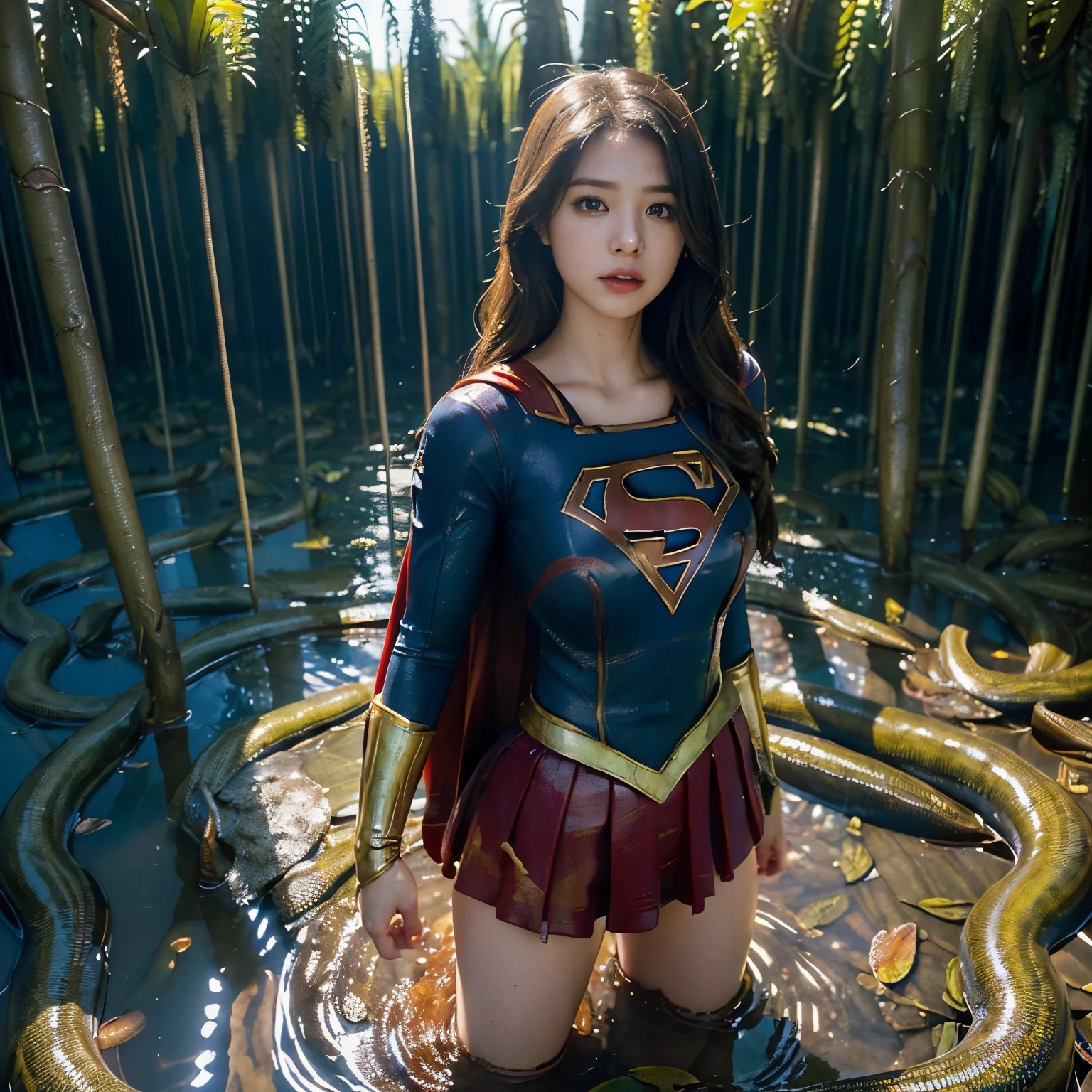 Beautiful Supergirl portrait、(Accurate Supergirl costume:1.3)、Glaring at the enemy、Open your mouth、Thigh、(Emphasize large breasts:1.3)、Studio shot、White background、Sunlight、front、Swamp、(Countless slugs crawling on my body:1,6)、(Slugs in the mouth:1.6)、