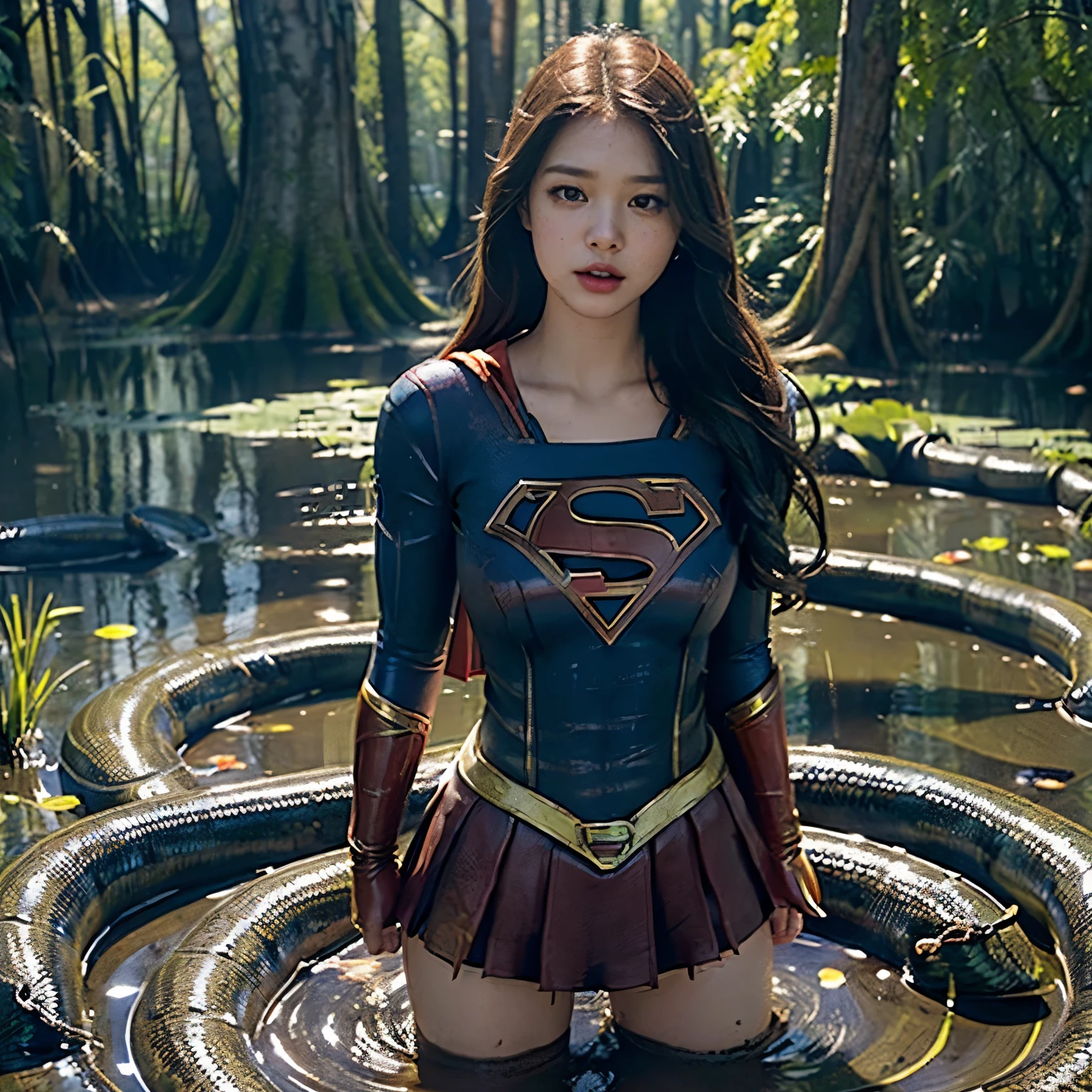 Beautiful Supergirl portrait、(Accurate Supergirl costume:1.3)、Glaring at the enemy、Open your mouth、Thigh、(Emphasize large breasts:1.3)、Studio shot、White background、Sunlight、front、Swamp、(Countless slugs crawling on my body:1,6)、(Slugs in the mouth:1.6)、