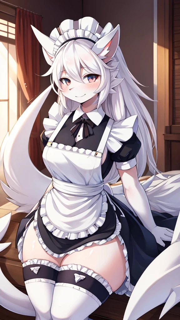 highest quality、masterpiece、((1 girl))、((smile:1.5))、(blush:1.5)、black shirt、blouse、((fun!!))、(small breasts)、(dog ears)、(silver hair)、()、((white apron:1.5))、((maid))、((hair ornaments)),、Kamimei、look at me、 ((in house:1.5))、 Take a break to watch the audience、((shaved pussy:1.5))、(highly detailed closed labia:1.5)、((Peeing is occurring:1.8))、peeing、light blue eyes、long hair