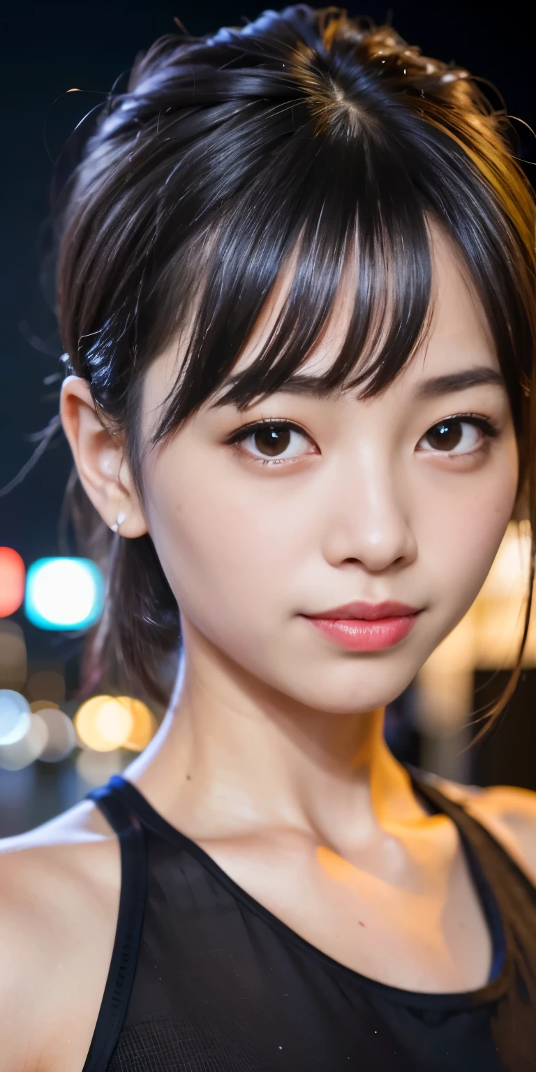 1girl, Tokyo street,night, cityscape,city lights,upper body,close-up,smile,, (8k, RAW photo, best quality, masterpiece:1.2),(realistic, photo-realistic:1.37),