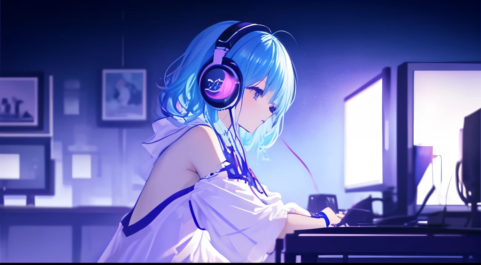 (masterpiece、top-quality、top-quality、watercolor paiting(afro)、Official Art、Beautifully Aesthetic:1.2)、(1girl in:1.3)、(Fractal art:1.3)、The upper part of the body、from side、looking at a computer、patterns、(blue-colored hair、colourful hair、Half blue and half pink hair:1.2)、Eau、colourfull、cyber punk、Operating a computer while listening to music with headphones on.