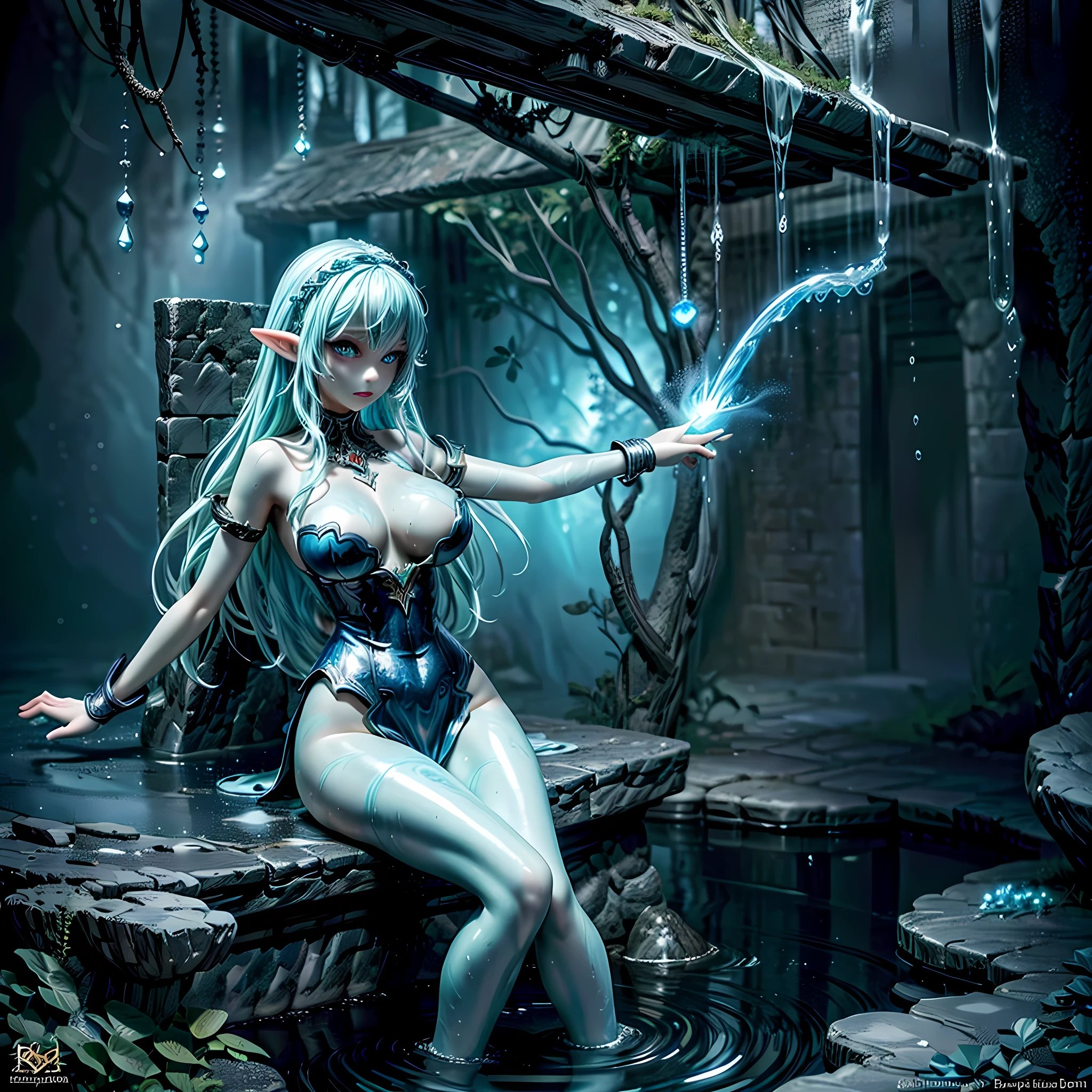 high details, best quality, 8k, [ultra detailed], masterpiece, best quality, (extremely detailed), dynamic angle, ultra wide shot, RAW, photorealistic, fantasy art, dnd art, rpg art, realistic art, an ultra wide picture of a sea elf (1.5 intricate details, Masterpiece, best quality) water mage casting ((water control spell)), water wizard ((water magic,intense magic details)), ((controling a swirling mass of water)), magical symbols, female sea elf, blue skin, green hair, long hair, swirling hair, intense eyes,small pointed ears, ((blue eyes)), ((glowing eyes)), armed with magical wand, wearing sea shell clothing, beautiful elf, underwater background, rich underwater life, ((magical atmosphere)), fish and sea weeds, high details, best quality, highres, ultra wide angle