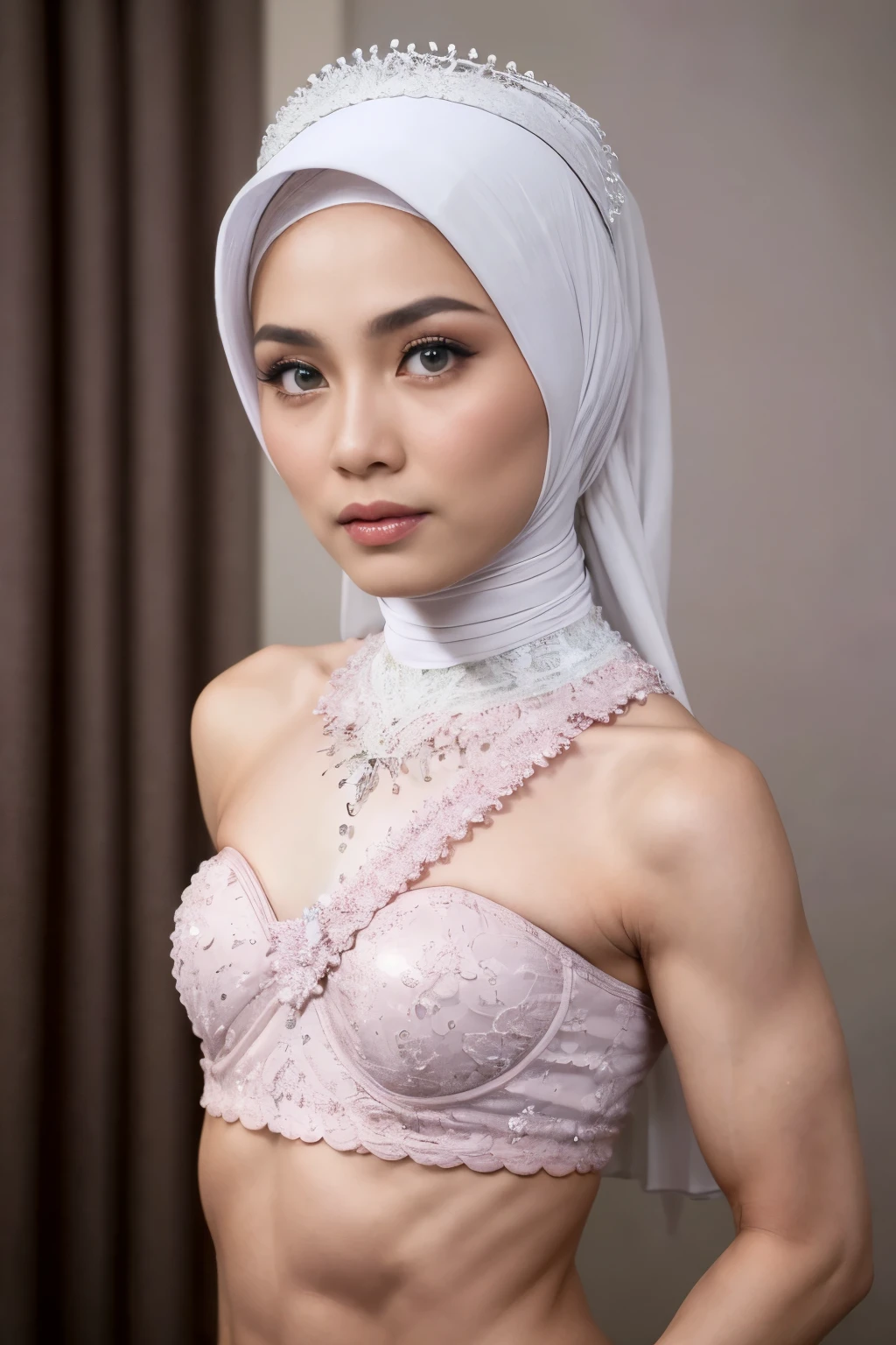 ((SHORT HIJAB)), ((Flat chest:1.7)), (dynamic photograph of a 58 year old Indonesian woman), (slim top, cotton panties), (straight non curly hair), (highly detailed face:1.4), (vascular muscles and abs:1.3), (background inside light, bright, private gym:1.1), (8k, uhd, dslr, high quality, cinematic lighting, bokeh), (dramatic, award winning photography, incredible masterpiece:1.3), (((sexy sultry stare at camera:0.8))), close up, ((she is ready to dominate you:0.5)), ((beautiful feminine face)) (she is a champion MMA fighter), add_detail:1, ((Wearing strapless pastel)) lace white & white , from behind view, seductive pose