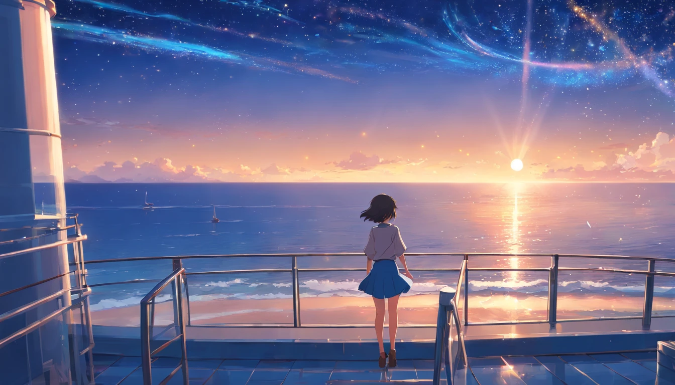 Ocean view from the lighthouse,The sky is full of stars,Sea of night,I can see the universe,Seagulls fly around,A girl is looking at the sea,short hair,mini skirt,Side Shot