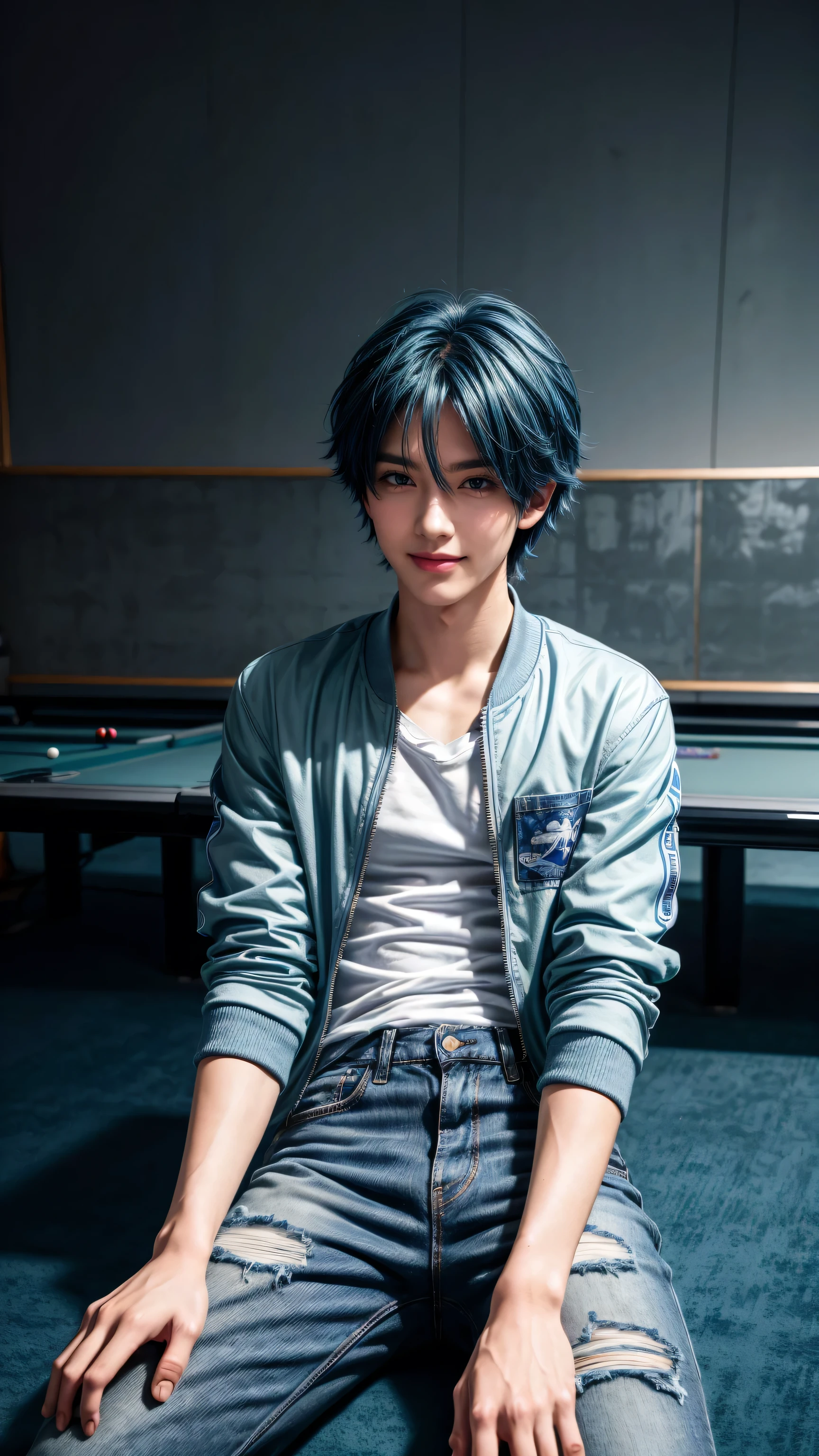 best quality: 1.0), (Ultra-high resolution: 1.0), anime boy, Short royal blue hair, Green Eyes, Gray zippered jacket, Nintendo T-shirt, Smile, Long blue jeans, Blue and white tennis shoes, Sit in front and play games, Esports room background,