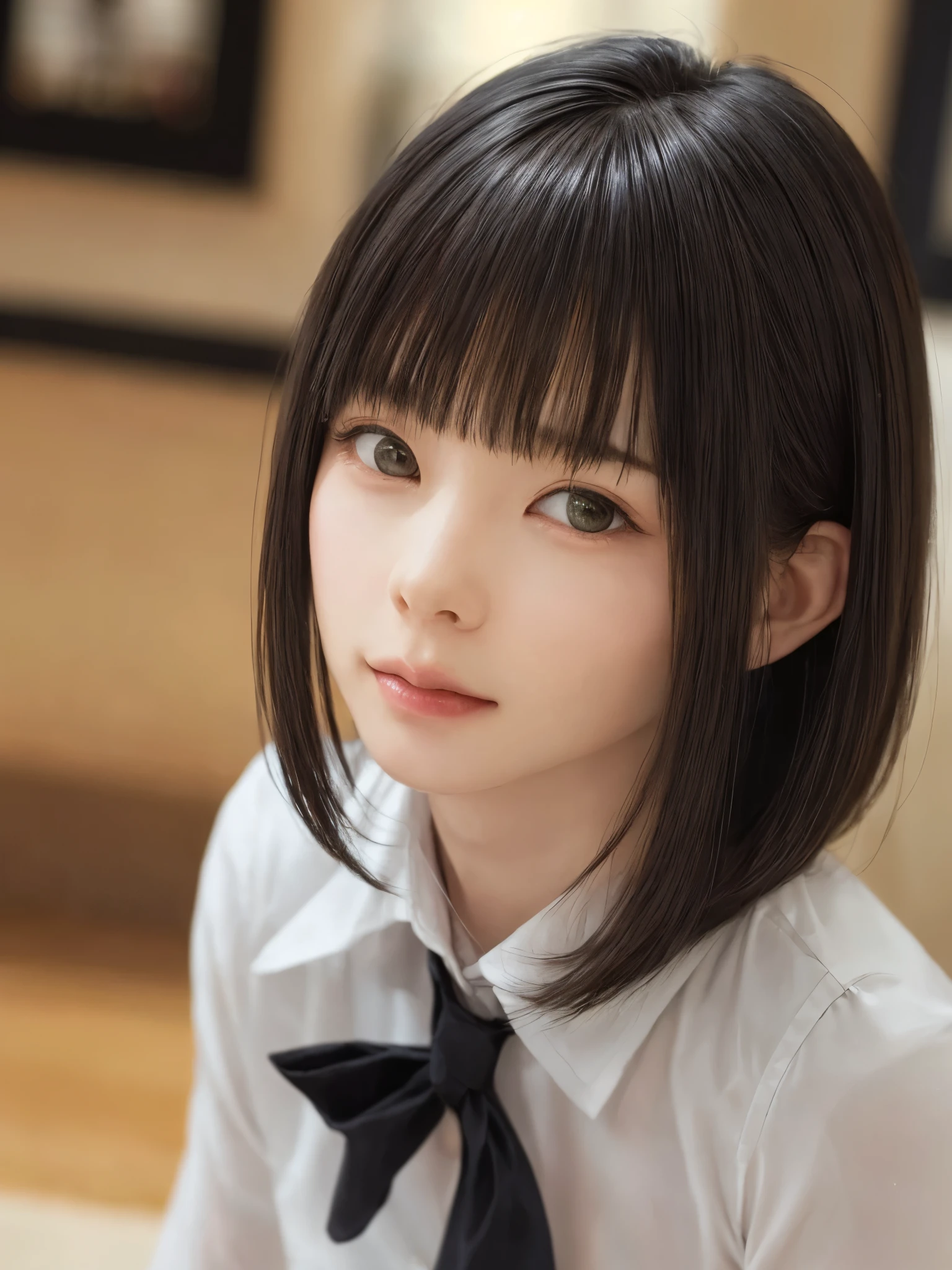 (masterpiece:1.3), (Realistic, RAW Photos, highest quality: 1.4), (One Girl), Beautiful Face, (超Realistic Face、シンメトリーのBeautiful Face), (Short black hair, short hair:1.6、bangs:1.3、Show off your beautiful ears), Beautiful hairstyle, (Realistic eyes), Beautiful details, Long eyelashes, (Realistic Skin), Beautiful Skin, [Big Breasts:1.3], (Perfect body:1.3), (Detailed body:1.2), (tie), (Collared shirt, Pleated skirt:1.3), Absurd, charm, Ultra-high resolution, Ultra-realistic, Very detailed, Golden Ratio,Very cute beautiful woman、28 years old