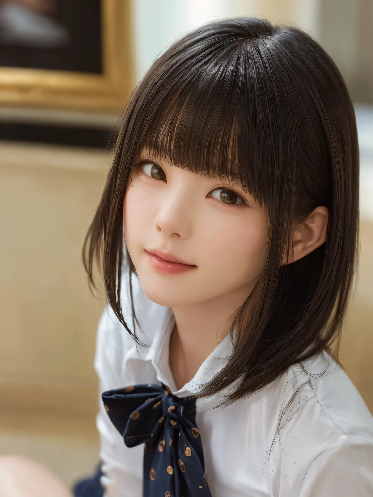 (masterpiece:1.3), (Realistic, RAW Photos, highest quality: 1.4), (One Girl), Beautiful Face, (超Realistic Face、シンメトリーのBeautiful Face), (Short black hair, short hair:1.6、bangs:1.3、Show off your beautiful ears), Beautiful hairstyle, (Realistic eyes), Beautiful details, Long eyelashes, (Realistic Skin), Beautiful Skin, [Big Breasts:1.3], (Perfect body:1.3), (Detailed body:1.2), (tie), (Collared shirt, Pleated skirt:1.3), Absurd, charm, Ultra-high resolution, Ultra-realistic, Very detailed, Golden Ratio,Very cute beautiful woman、28 years old