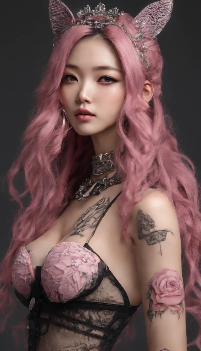 (a beautiful Korean girl),(pink long hair),(tattoos),(entirely monochrome),(wearing a collar),(wearing a black lace bra),(wearing black lace panties),(wearing stiletto heels),(wearing black fishnet stockings),(rebellious),(perfectly sculpted face),(light makeup),(wearing a ruby ring),(cool and trendy style),(in a dance floor),(super photo-realistic),(8k resolution),(full body shot),(red toenail polish)