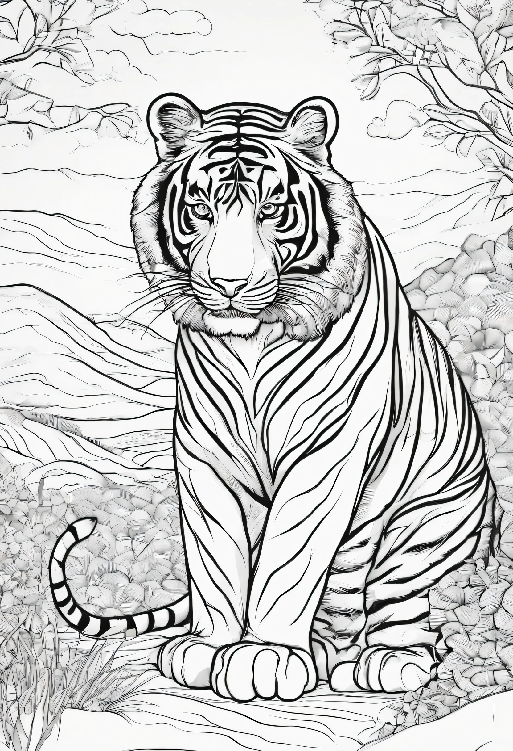 A Tiger with an  interesting background scenery. line art cartoon character 3D style, high-quality, coloring book, hand-draw, lineart