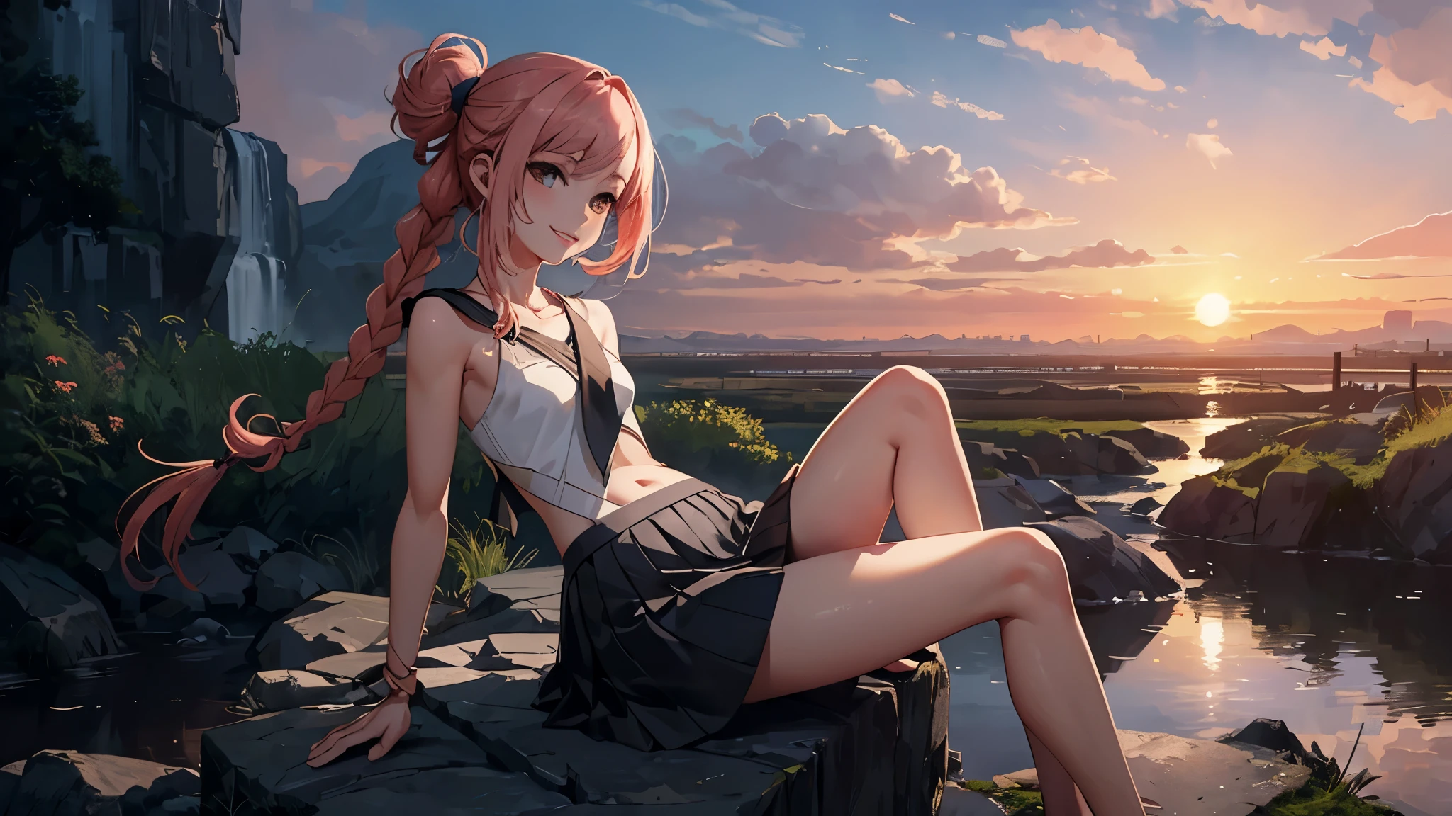 (masterpiece misguided style, best quality, dusk:1.3), a cute irish girl, portrait-type, copper, chubby, , gray waterfall braid, sunset background, Exquisite, slender legs, trending on CGSociety
