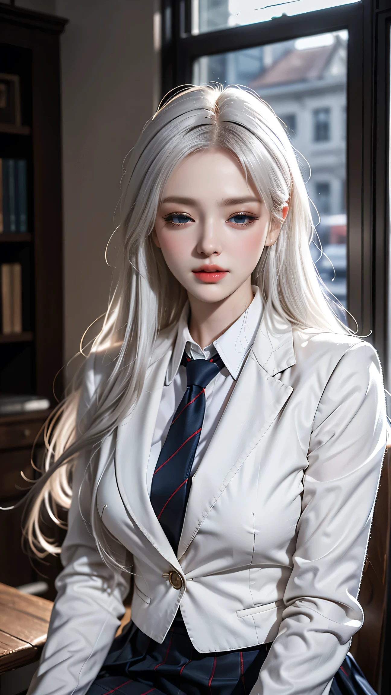Best quality work,Actual work,Ultra Premium Graphics,8K HD CG works,High quality graphics,High-definition CG works,10x pixels,Extremely fine detail:1.1,Advanced Technical Details:1.1 Photorealistic,Indoor lighting effects:1.5,Natural light:1.5. Light effects(virtual Light effects:1.8),(short golden-white hair)、(Bob Hair),Clear Eyes,Beautiful double eyelids,Sharp eye makeup, Delicate eyelash makeup, Thin eyebrows, Highly detailed eyes,High nose, Nice red lips, Rose Cheeks, A face with subtle makeup , Cute face, perfectly balanced face,(Advanced Face Detail:1.1),((Girl sitting on chair in library))、Best quality work,Actual work,Ultra Premium Graphics,8K HD CG works,High quality graphics,High-definition CG works,10x pixels,Extremely fine detail:1.1,Advanced Technical Details:1.1 Photorealistic,Indoor lighting effects:1.5,Natural light:1.5. Light effects(virtual Light effects:1.8)、((Eyes closed)), Thin eyebrows,High nose, Nice red lips, Rose Cheeks, A face with subtle makeup , Cute face, perfectly balanced face,(girl in school uniform),A light-toned foundation enhances the clarity of your skin.、((White blazer)),(White blouse)、(Red tie)、(Dark blue checked skirt) 40k, photograph, White skin, highest quality, Tabletop, Ultra-high resolution, (Realistic:1.4), RAWphotograph, (Perfect figure), (slim:1.3), Slim abdomen, Perfect slim figure, Dynamic Pose, alone, Cold light 12000K, Highly detailed facial and skin texture, Fine grain, Realistic eyes, Beautiful fine grain, (Realistic Skin), Charm, 超A high resolution, Surreal、(Panties are visible)