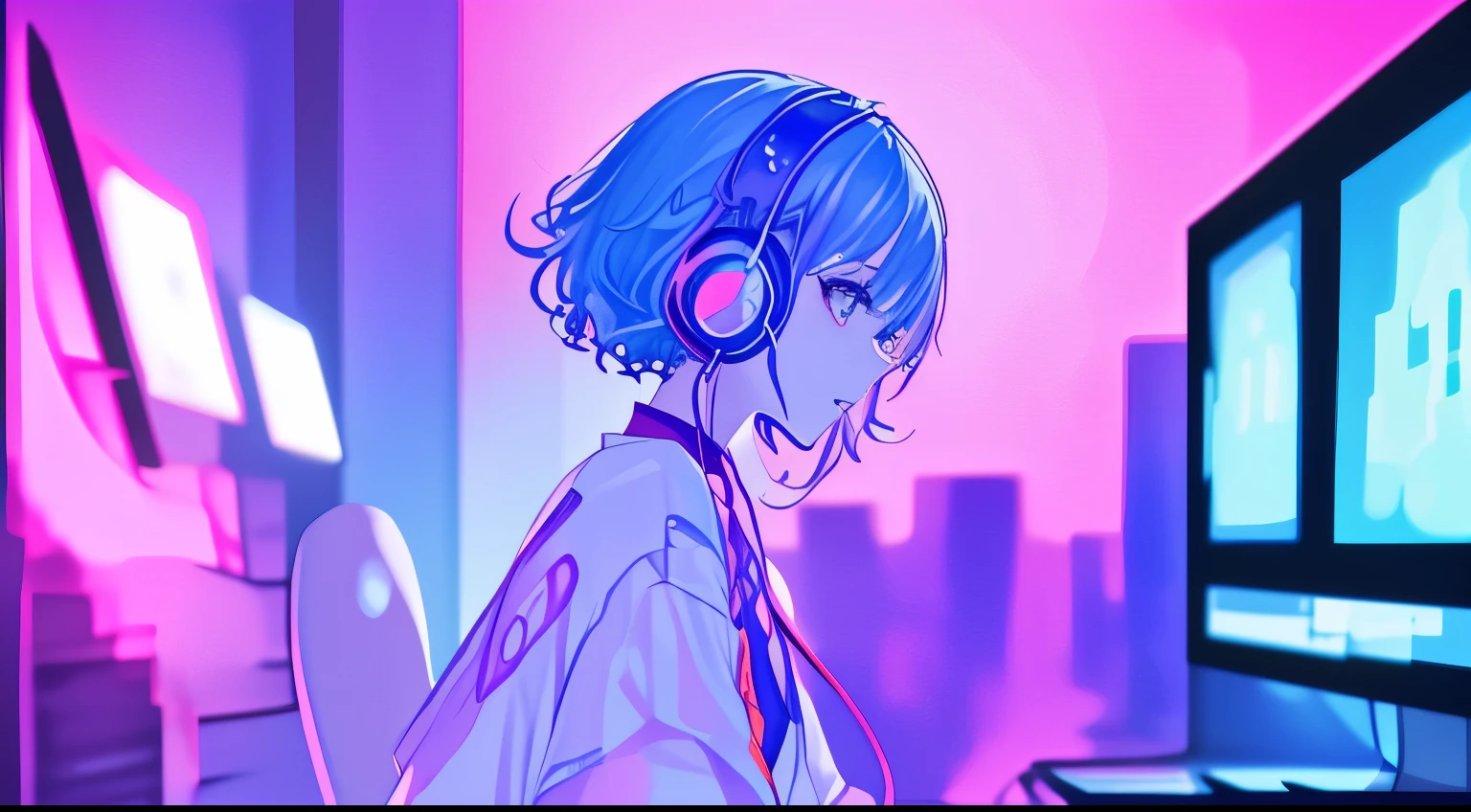 (masterpiece、top-quality、top-quality、watercolor paiting(afro)、Official Art、Beautifully Aesthetic:1.2)、(1girl in:1.3)、(Fractal art:1.3)、The upper part of the body、from side、looking at a computer、patterns、(blue-colored hair、colourful hair、Half blue and half pink hair:1.2)、Eau、colourfull、cyber punk、Operating a computer while listening to music with headphones on.