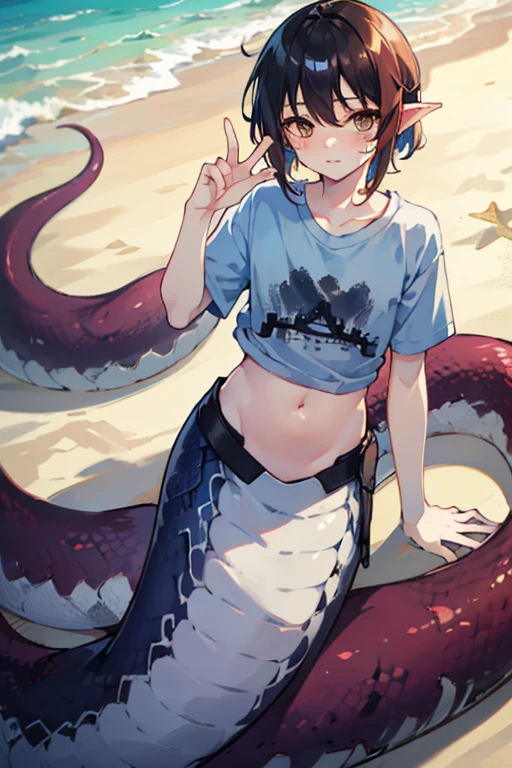 Male  Lamia、8--old、hirts、stomach、Delicate face、Face is the main、Sandy Beach、sit、Ultra HD、Masterpiece