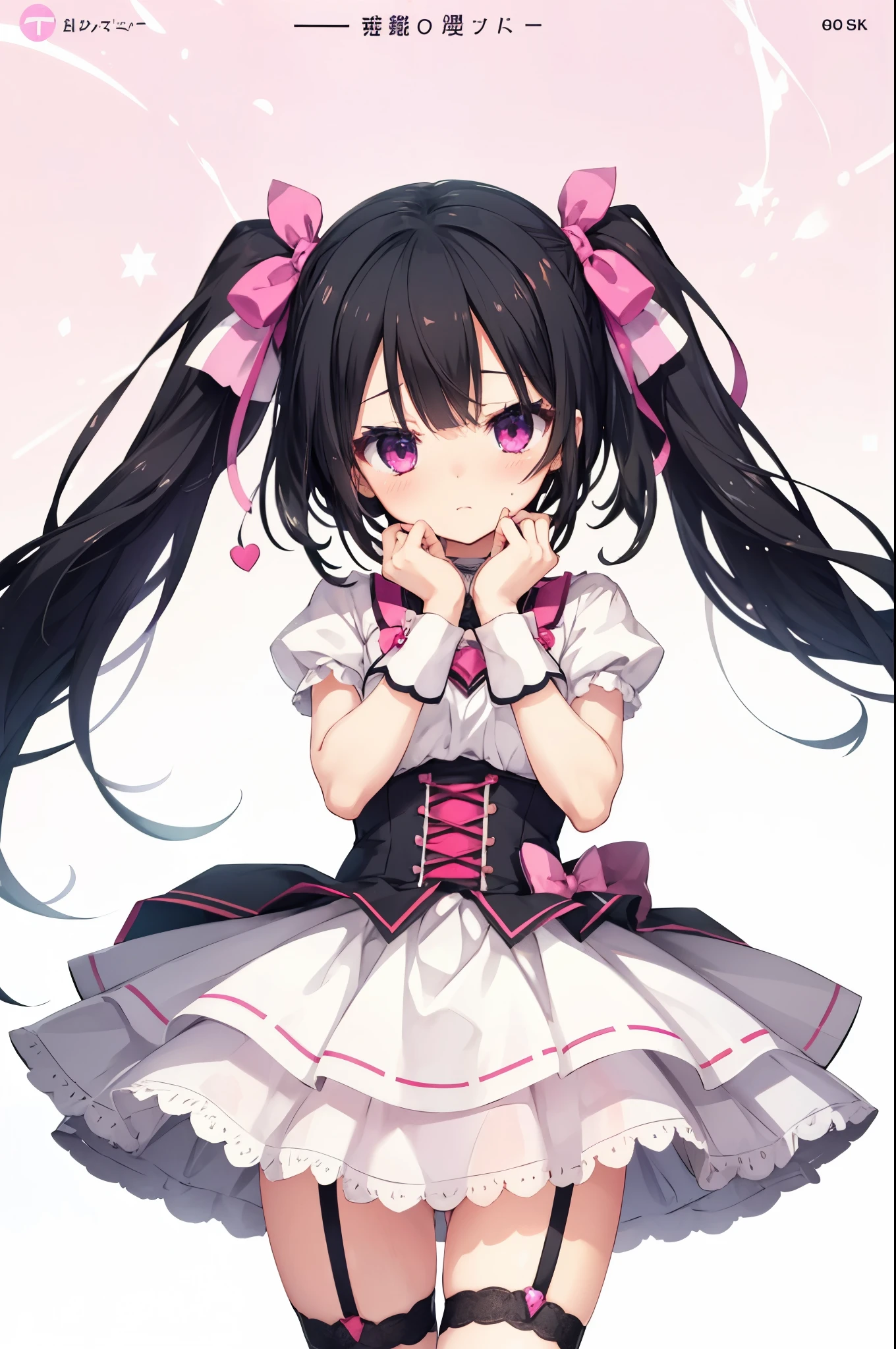 mesugaki,Panties,((magical girl costume)),black hair,twin tails,pink eyes,blushing face,ridicule,garter strap,Simple Background,best image quality,highest quality