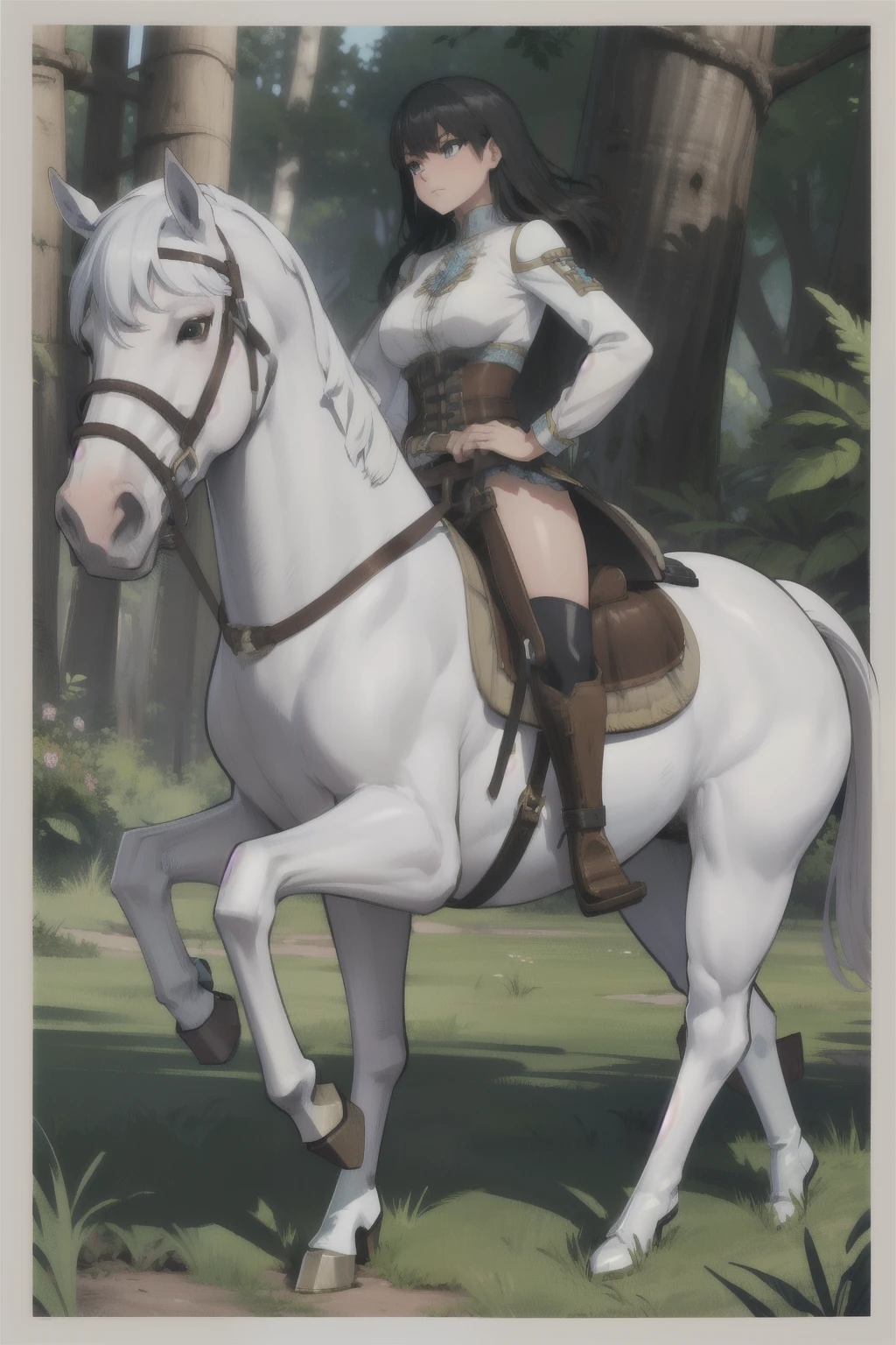 ((best quality)), ((anime masterpiece)), (detailed), cinematic lighting, vivid color, 8k, perfect face, large breast, a female knight riding a walking white horse in the woods+, (long hair, {black hair}, white clothes, blue miniskirt, leather boots), (white horse, saddle, stirups, reins: 1.5)++, forest, scenery, from side: 1.5, anatomically correct,
