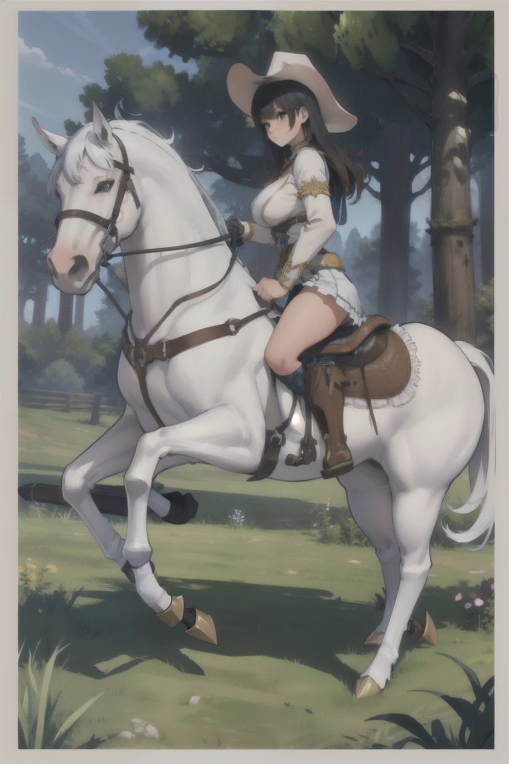 ((best quality)), ((anime masterpiece)), (detailed), cinematic lighting, vivid color, 8k, perfect face, large breast, a female knight riding a walking white horse in the woods+, (long hair, {black hair}, white clothes, blue miniskirt, leather boots), (white horse, saddle, stirups, reins: 1.5)++, forest, scenery, from side: 1.5, anatomically correct,
