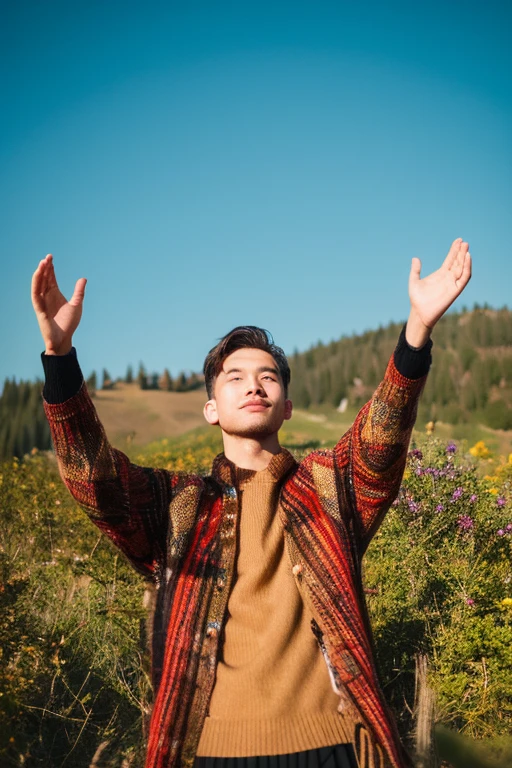 man with his hands raised to the sky in gratitude, hands raised in the air,