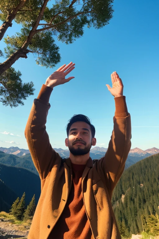 man with his hands raised to the sky in gratitude, hands raised in the air,
