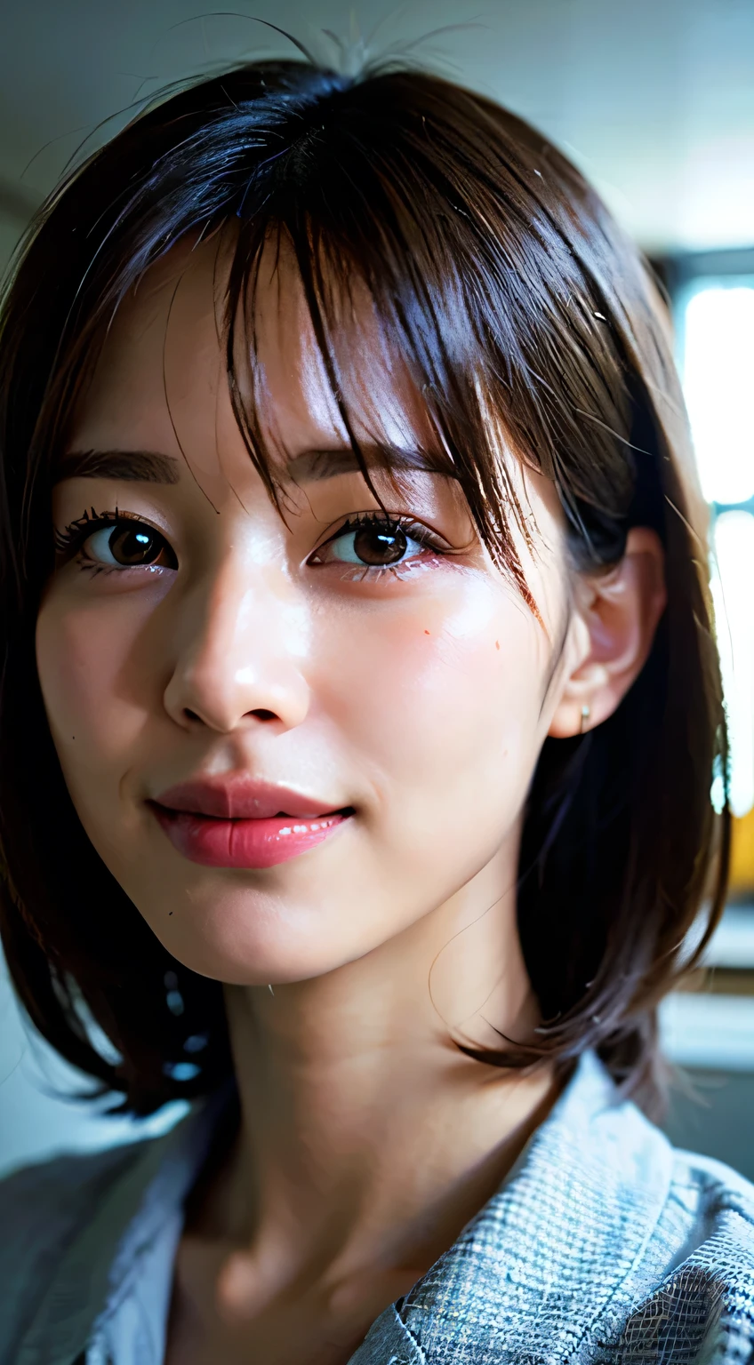 Photorealistic, Surreal, Cinema Lighting, 32k, 1 girl, look up, Backlight, (Bright light:1.2), (Improvement of quality:1.4), (Highest quality realistic textured skin:1.4), Fine grain, Detailed face, short hair, M-foot, Cowgirl, From below, Sweat, Wet, (Enhances the beauty of skin texture:1.1), Matte texture, blush, Open your mouth, Roll your eyes, tears, Sticking out tongue, saliva, saliva trail, Lips parted, Captivating smile