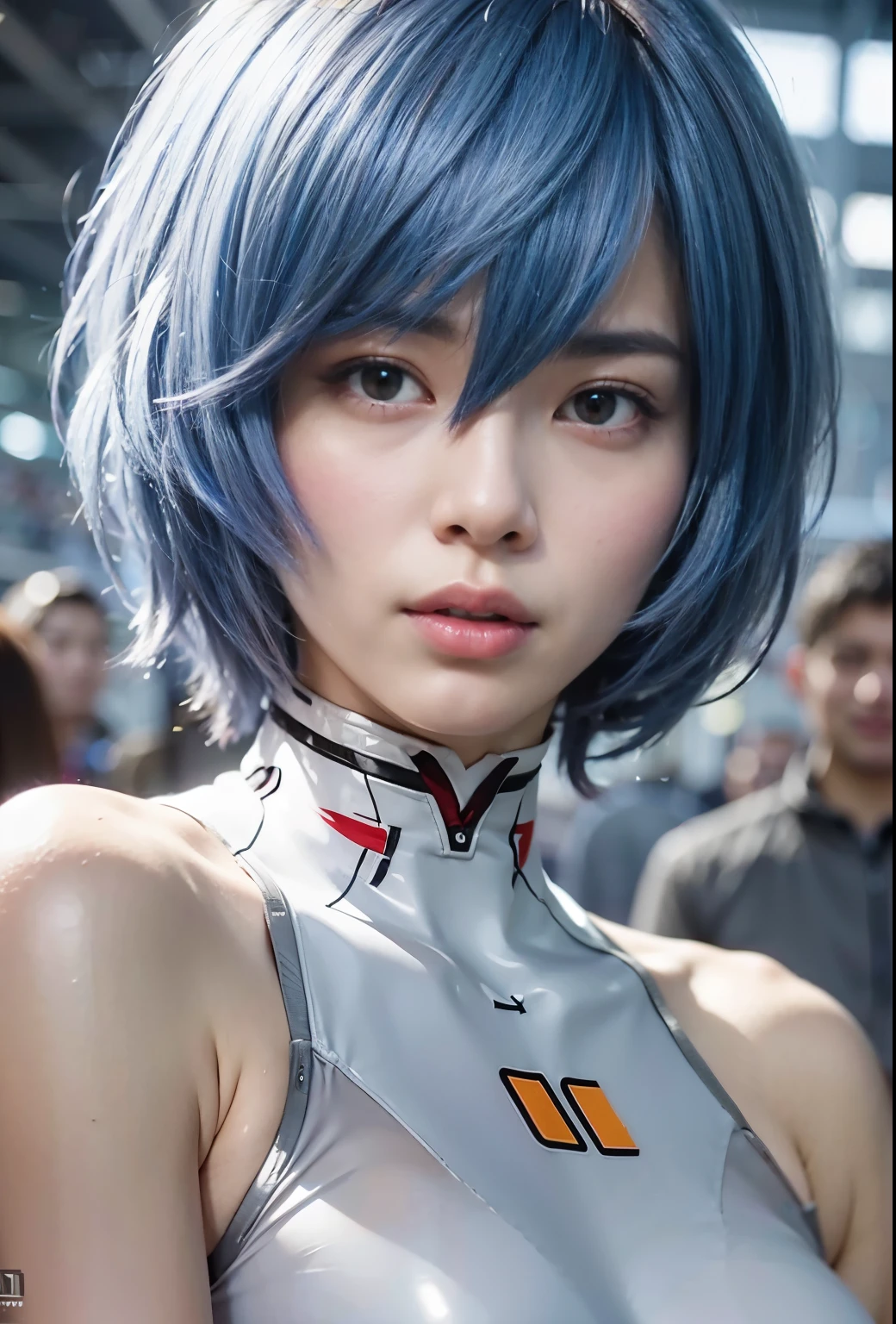 ((One Girl:1.4)),(masterpiece, Highest quality), ayanami,Plug Suit, Bodysuits, Interface Headset, white Bodysuits, Are standing,(((Looking into the camera))),Blue Hair、Berry Short、