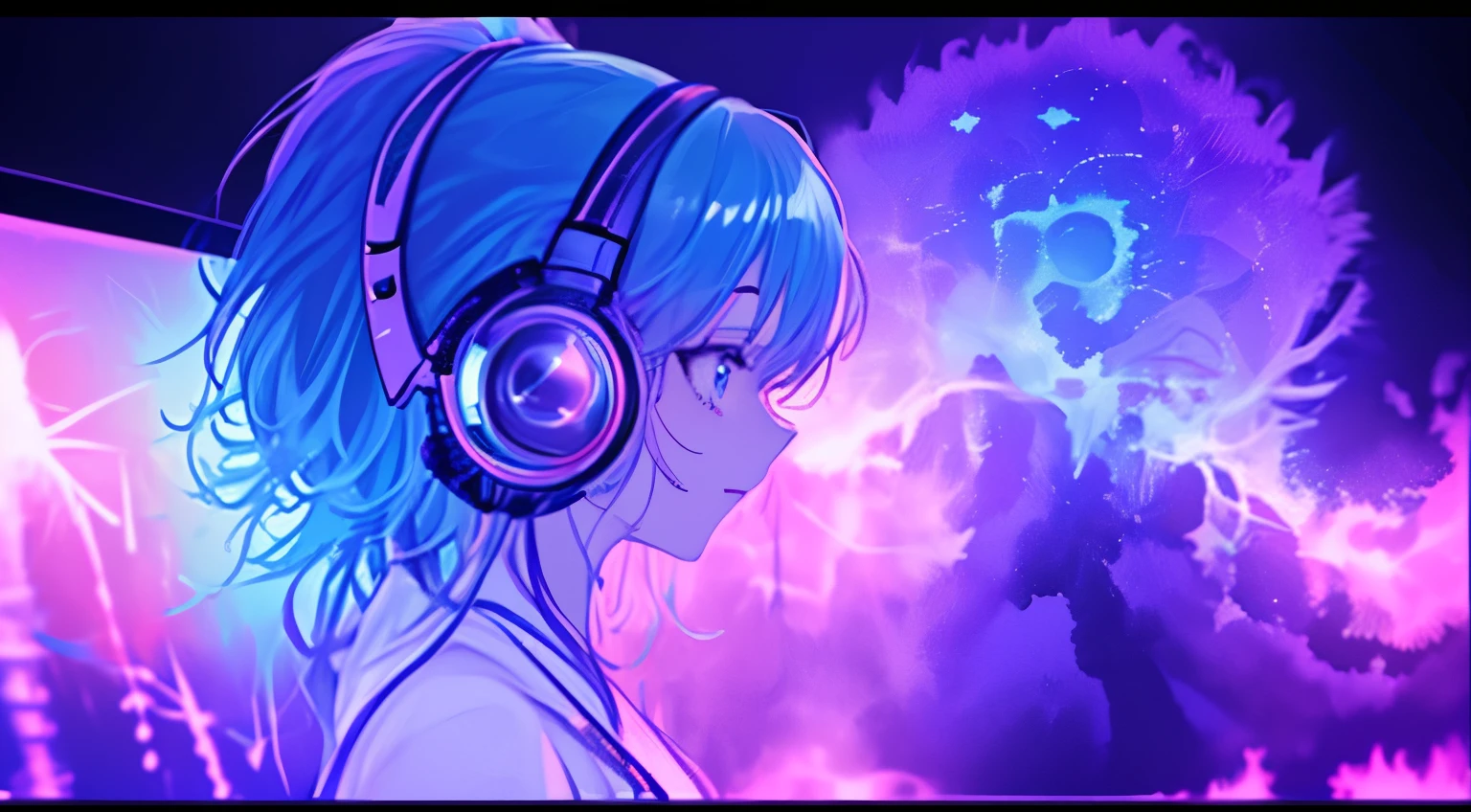 (masterpiece、top-quality、top-quality、watercolor paiting(afro)、Official Art、Beautifully Aesthetic:1.2)、(1girl in:1.3)、(Fractal art:1.3)、The upper part of the body、from side、looking at a computer、patterns、(blue-colored hair、colourful hair、Half blue and half pink hair:1.2)、Eau、colourfull、cyber punk、Operating a computer while listening to music with headphones on.