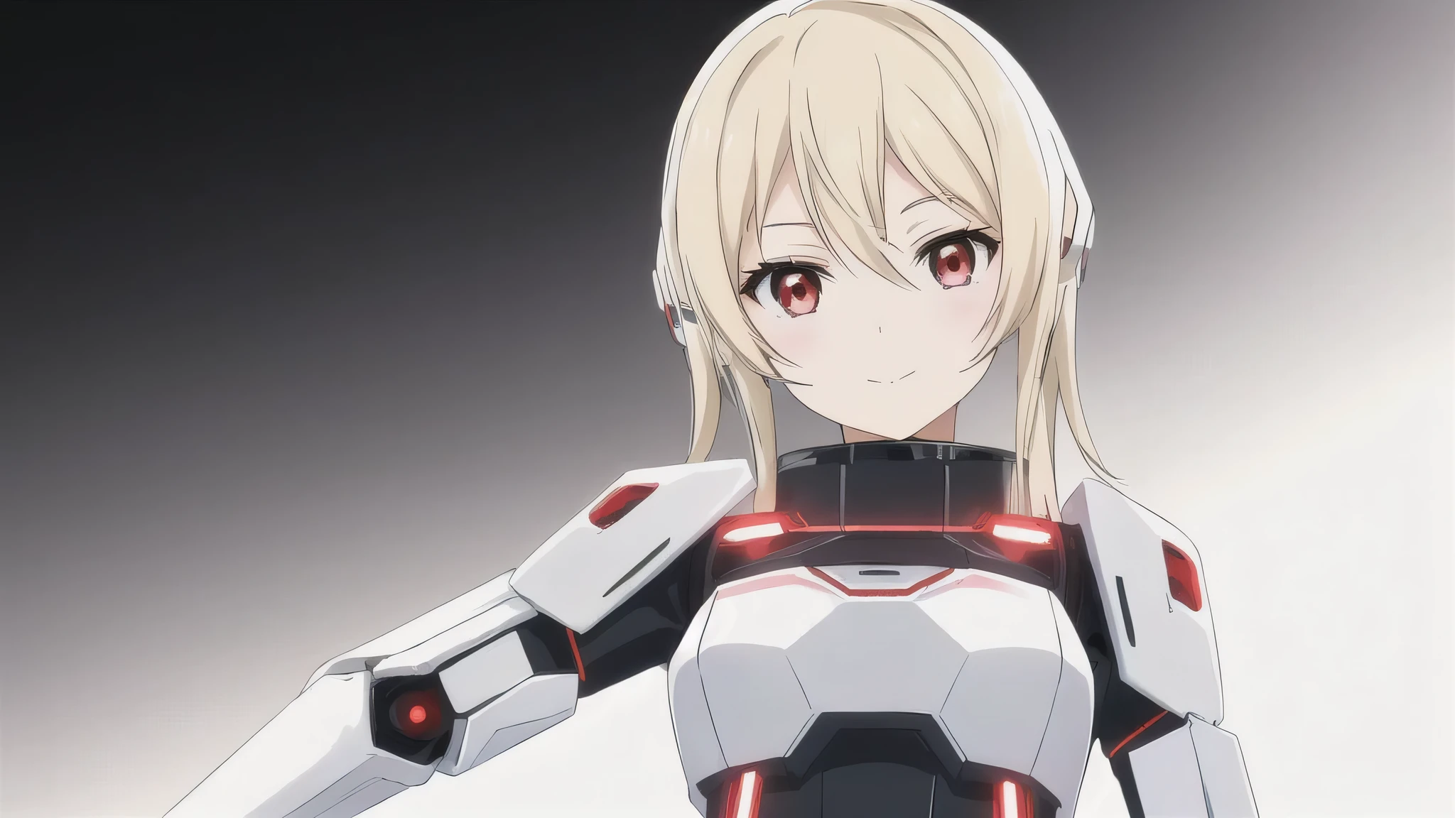 anime girl with blonde hair and red eyes in a white and black suit, cute cyborg girl, vollrobotergesteuert!! girl, girl in mecha cyber armor, Anime-Manga-Roboter!! anime girl, android heroine, portrait anime space cadet girl, Anime-Cyborg, anime girl of the future, perfect android girl, cyberpunk anime girl mech, beautiful female android!, perfect Anime-Cyborg woman