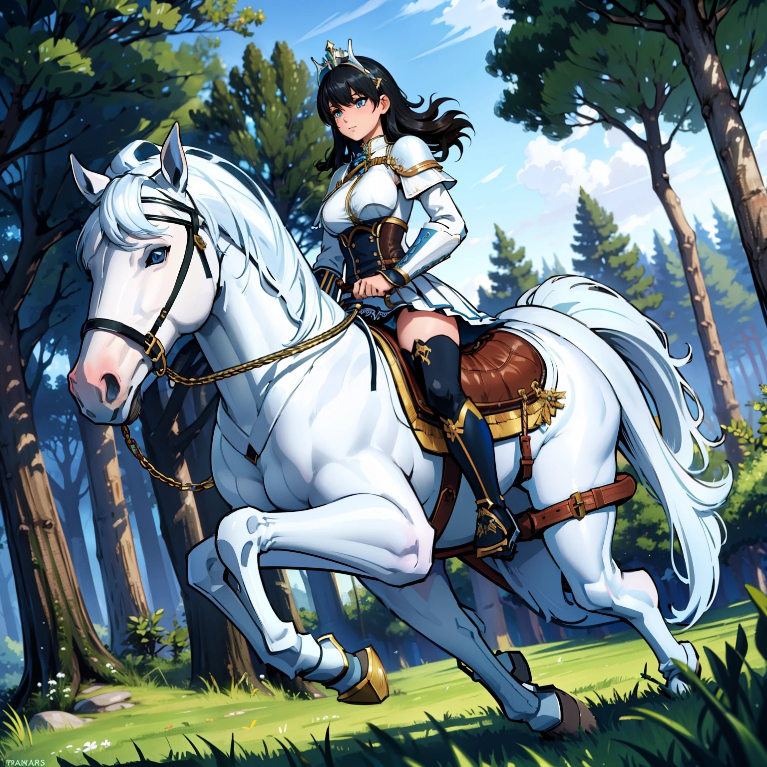 ((best quality)), ((anime masterpiece)), (detailed), cinematic lighting, vivid color, 8k, perfect face, large breast, a female knight riding a walking white horse in the woods+, (long hair, {black hair}, white armor, blue miniskirt, leather boots), (white horse, saddle, stirups, reins: 1.5)++, forest, scenery, from side: 1.5, anatomically correct,