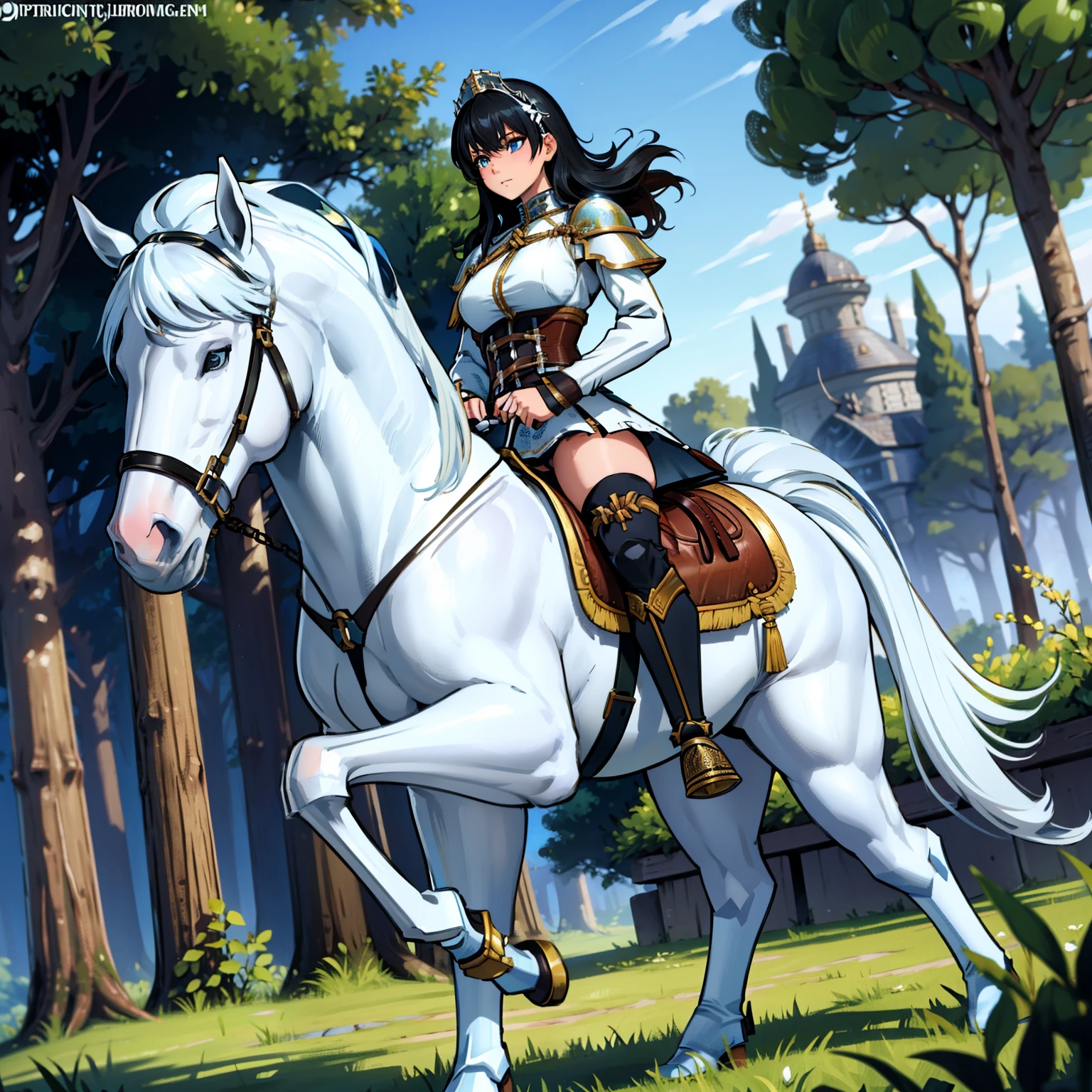 ((best quality)), ((anime masterpiece)), (detailed), cinematic lighting, vivid color, 8k, perfect face, large breast, a female knight riding a walking white horse in the woods+, (long hair, {black hair}, white armor, blue miniskirt, leather boots), (white horse, saddle, stirups, reins: 1.5)++, forest, scenery, from side: 1.5, anatomically correct,