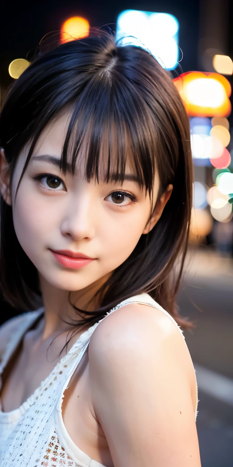 1 Girl, Tokyo Street,night, Streetscape,City lights,Upper Body,close,smile,, (8K, Raw photo, highest quality, masterpiece:1.2),(Realistic, photo-Realistic:1.37),