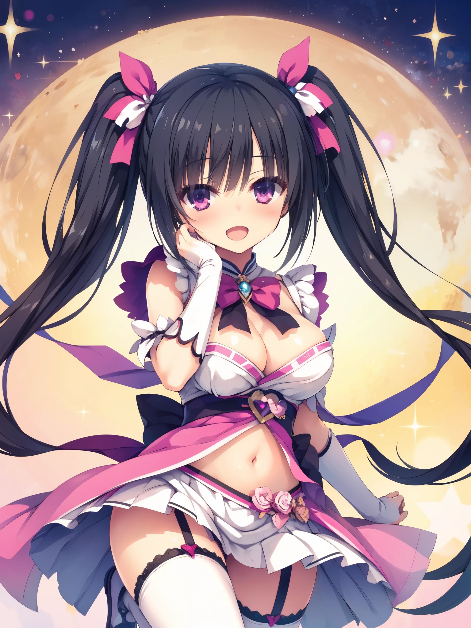 mesugaki,Big Breasts,((magical girl costume)),Belly button,black hair,twin tails,pink eyes,blushing face，smile with open mouth,garter strap,best image quality,highest quality