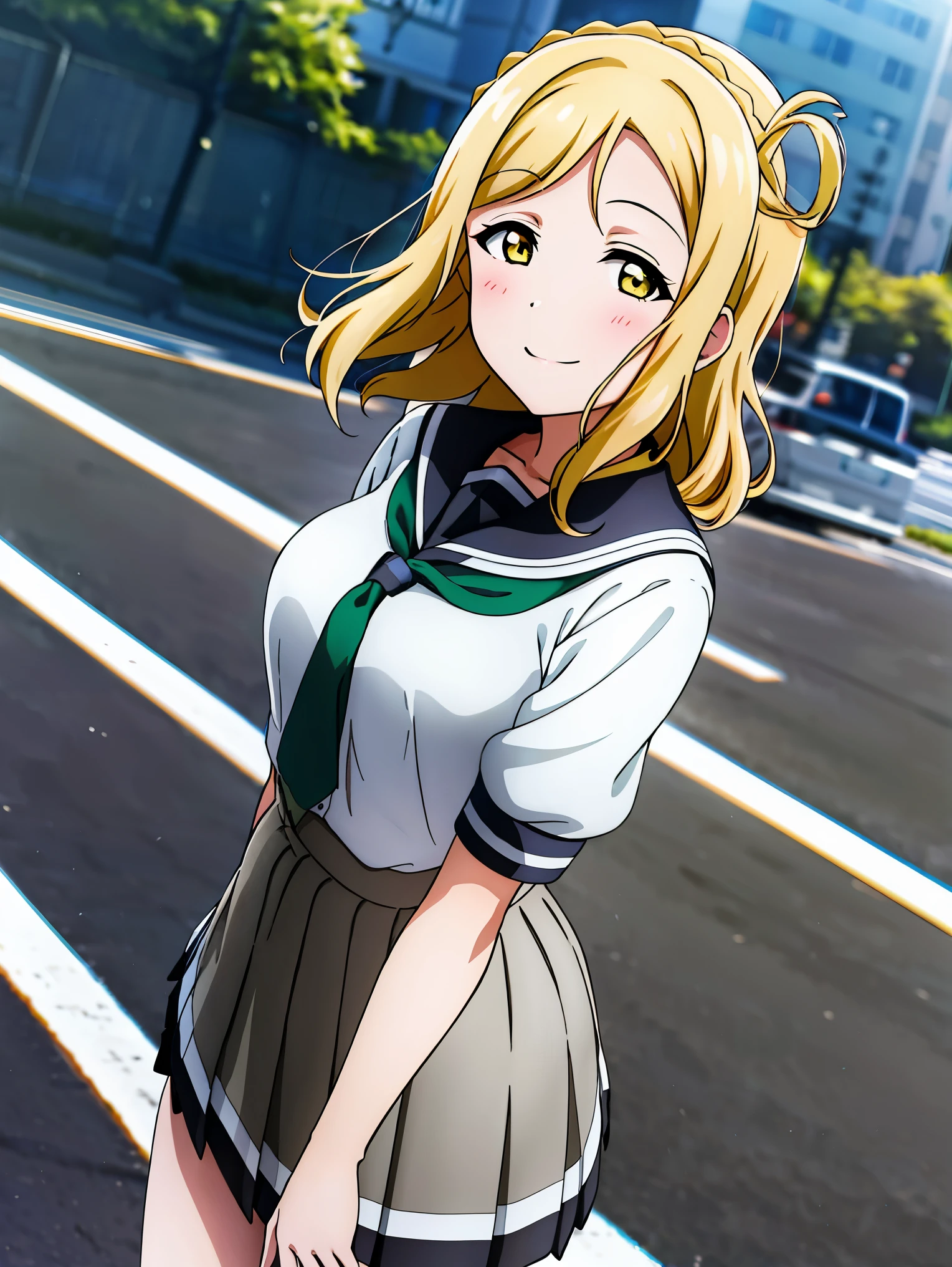 masterpiece, best quality, (1girl:1.2), solo, medium breasts, ohara mari, hair rings, blonde hair, yellow eyes, crown braid, medium hair, uranohoshi , , short sleeves, pleated skirt, white serafuku, neckerchief, grey skirt, grey sailor collar, tie clip, green neckerchief, street, city, happy  