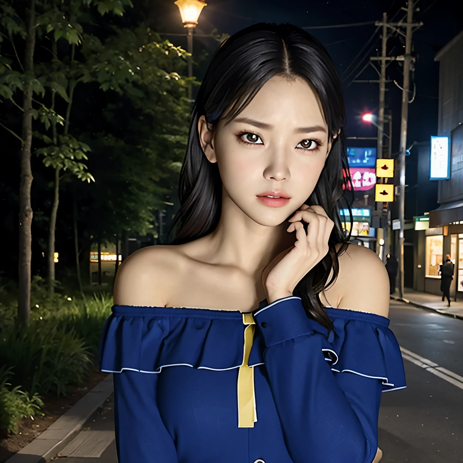 1 girl,alone,(whole body),(8k, highest quality, masterpiece:1.2), (Realistic, photo-Realistic:1.37), Very detailed,highest quality, Ultra-high resolution, Professional Lighting, Photon Mapping, Radio City, Physically Based Rendering, Cinema Lighting, midnight road,Written boundary depth, 25-year-old female、Off the shoulder、Great thighs、Black boots、Frowning、Frowning
