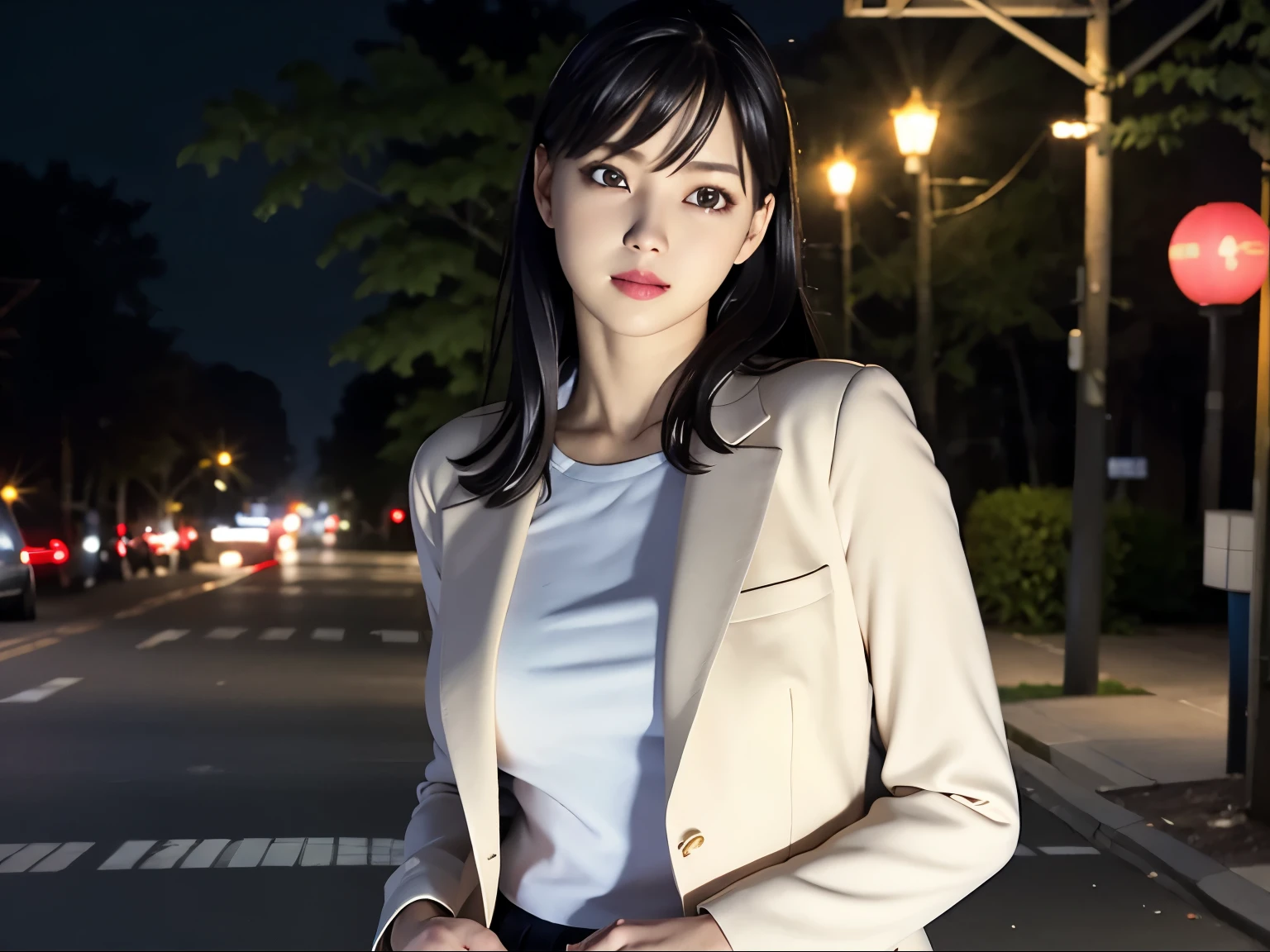 (8k, highest quality, masterpiece:1.2), (Realistic, photo-Realistic:1.37), Very detailed,highest quality, Ultra-high resolution, Professional Lighting, Photon Mapping, Radio City, Physically Based Rendering, Cinema Lighting,  Late night roads,Written boundary depth, Sharp focus,Street lamp light、Good composition,(Bokeh:1.2) 1 girl,alone,(whole body), (Mouth closed),Beautiful Eyes,Beautiful thighs、 stop temporarily, Tight waist,Japanese women, Black Hair,Messy Hair,Hair blowing in the wind,(Ulzzang-6500:1.2) Mix 4, 25-year-old female、A shy smile、White jacket