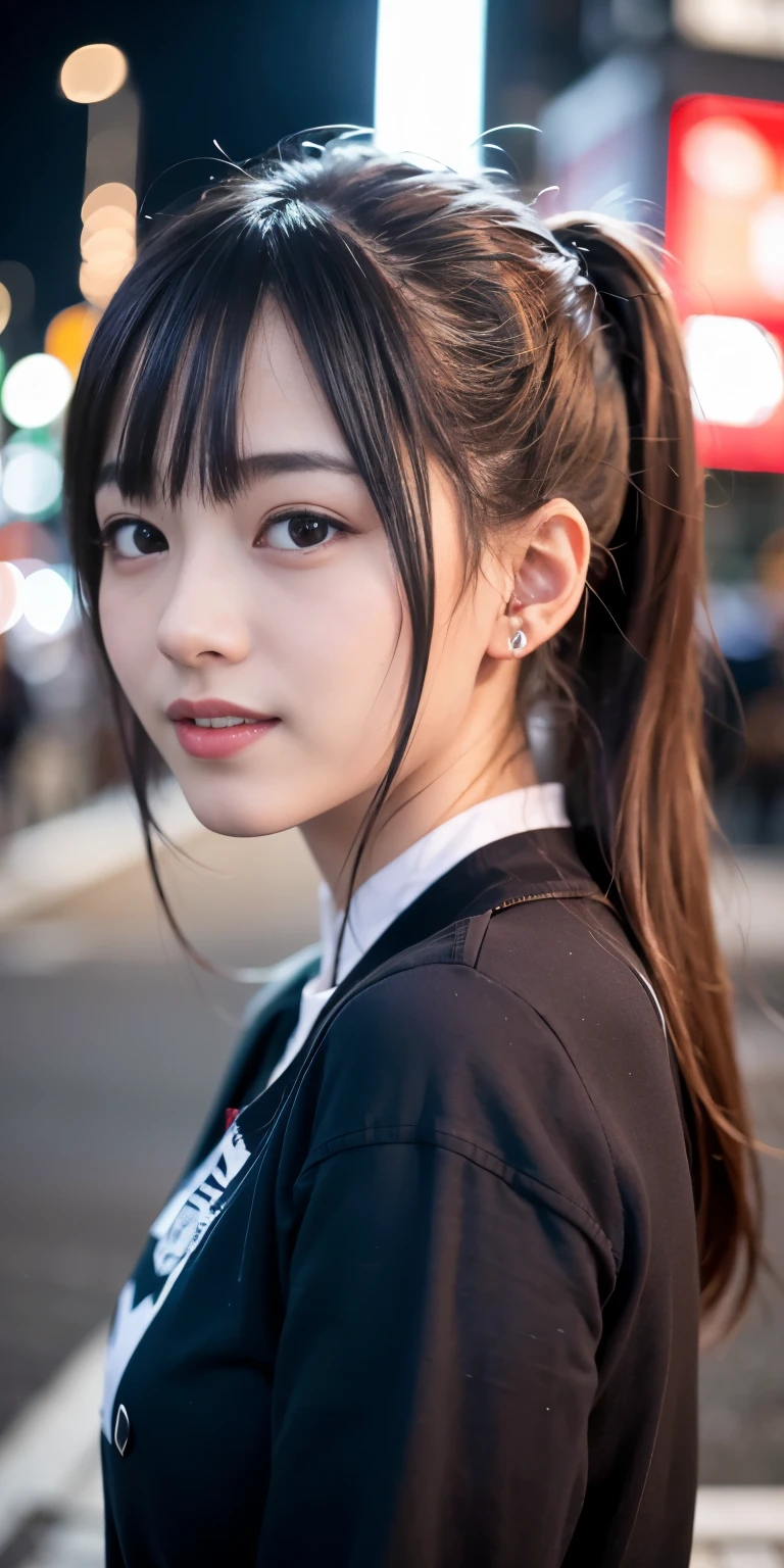 1 Girl, Tokyo Street,night, Streetscape,City lights,Upper Body,close,smile,, (8K, Raw photo, highest quality, masterpiece:1.2),(Realistic, photo-Realistic:1.37),