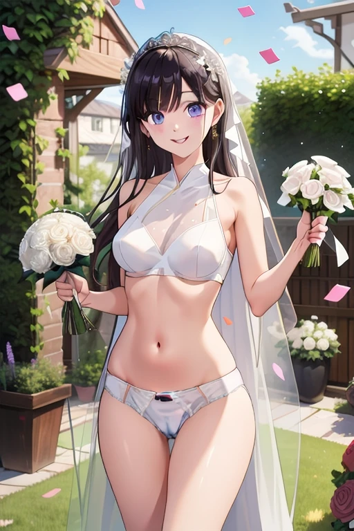 masterpiece, best quality, highres, wedding dress, white dress, garden, holding bouquet, confetti,Shoulder Bare、midriff peek、bare legs、very long veil、(She showed off her white panties:1.5)、((Glowing Skin:1.2))、cameltoe、smile、(MiyoSaimori:1.5), Detailed eyes