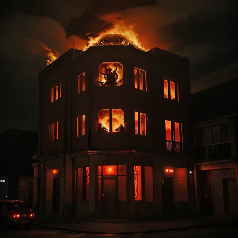 Hell, fire, demons, red light, and a building