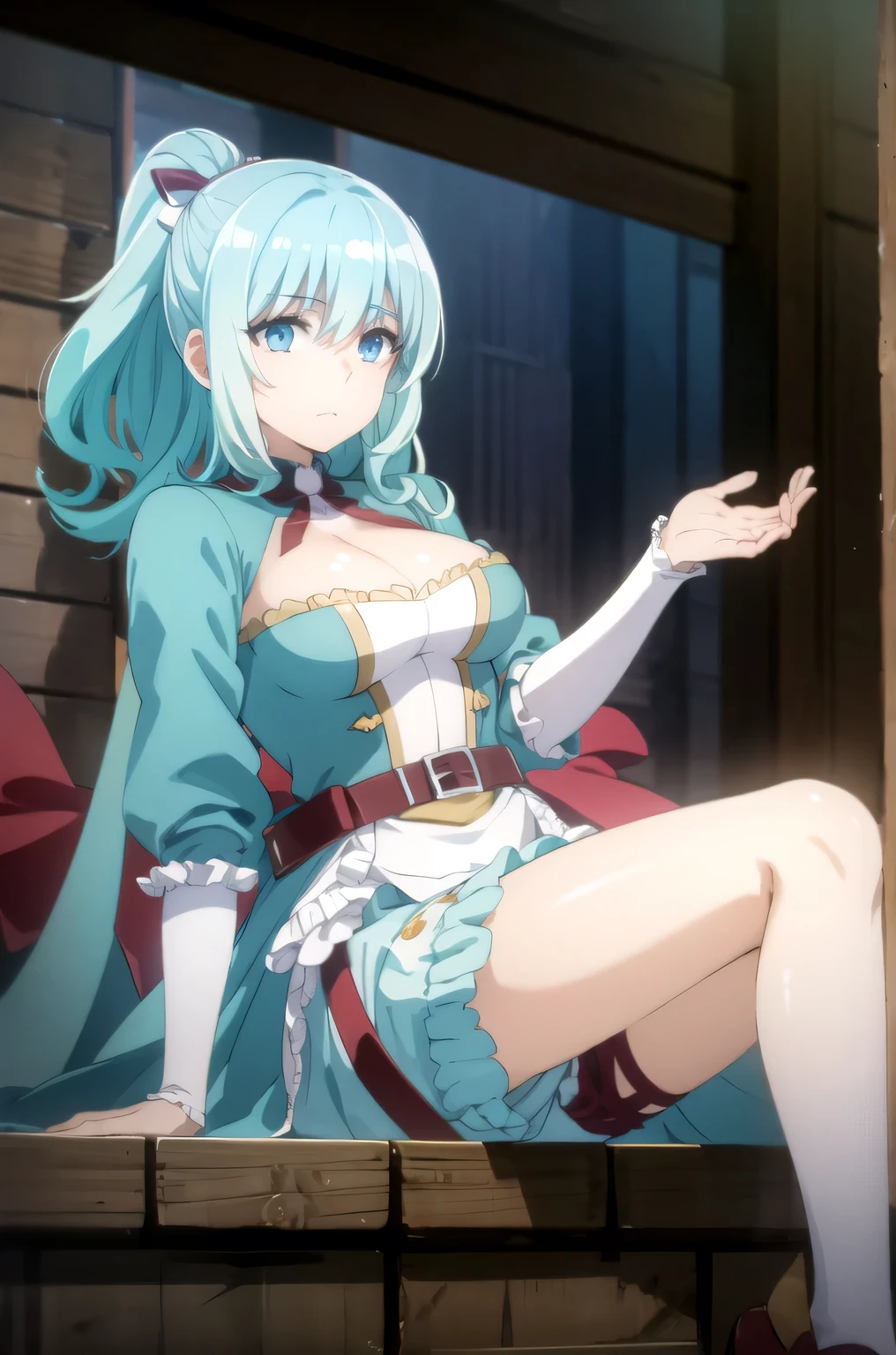 aqua hair, medium hair, blue eyes,
