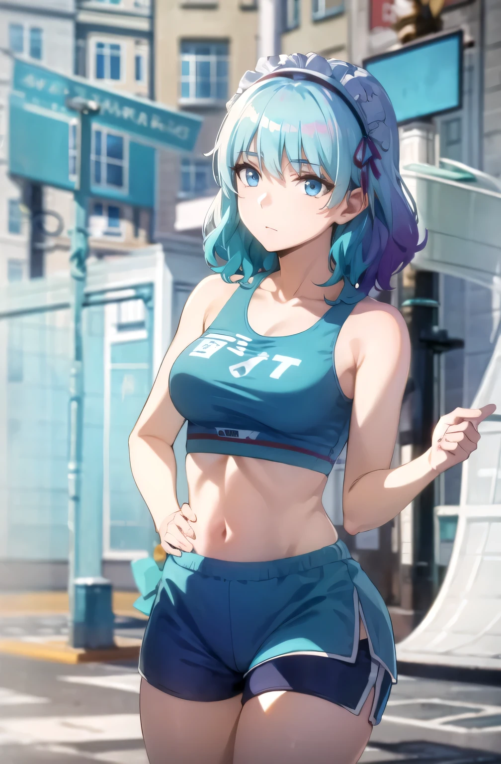 aqua hair, medium hair, blue eyes,sport (((top tank,shorts)))
